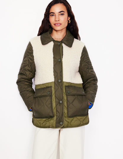 Chester Quilted Borg Coat-Winter Moss, Ivory