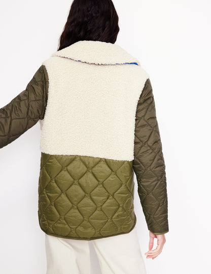 Chester Quilted Borg Coat-Winter Moss, Ivory