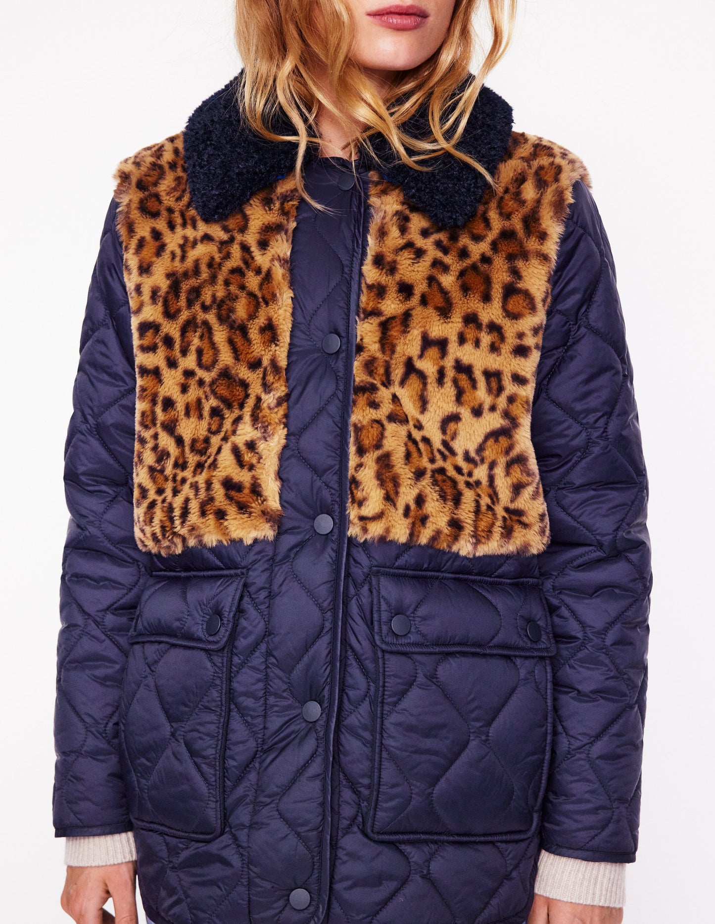 Chester Quilted Borg Coat-Navy, Leopard