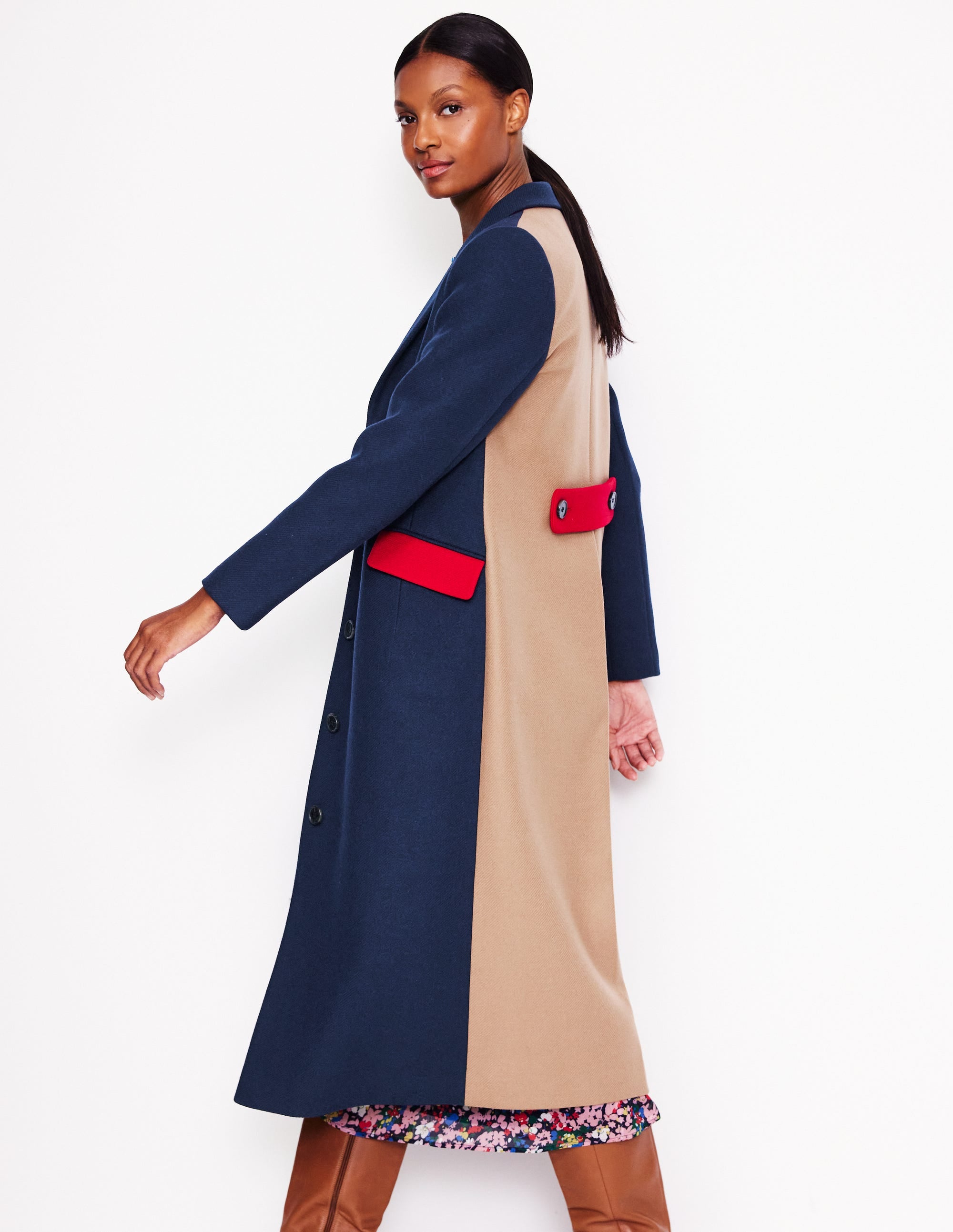Colorblock Midi Coat-Navy, Multi - Image 1