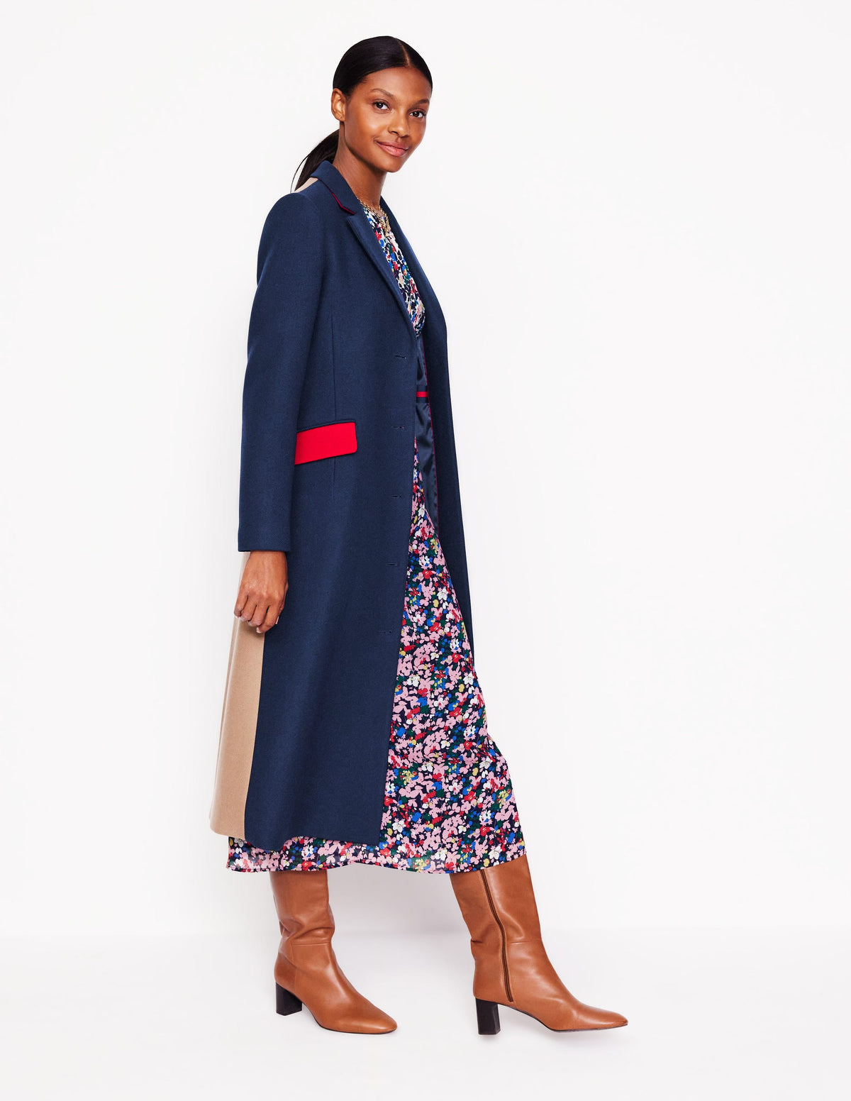 Colorblock Midi Coat-Navy, Multi - Image 2