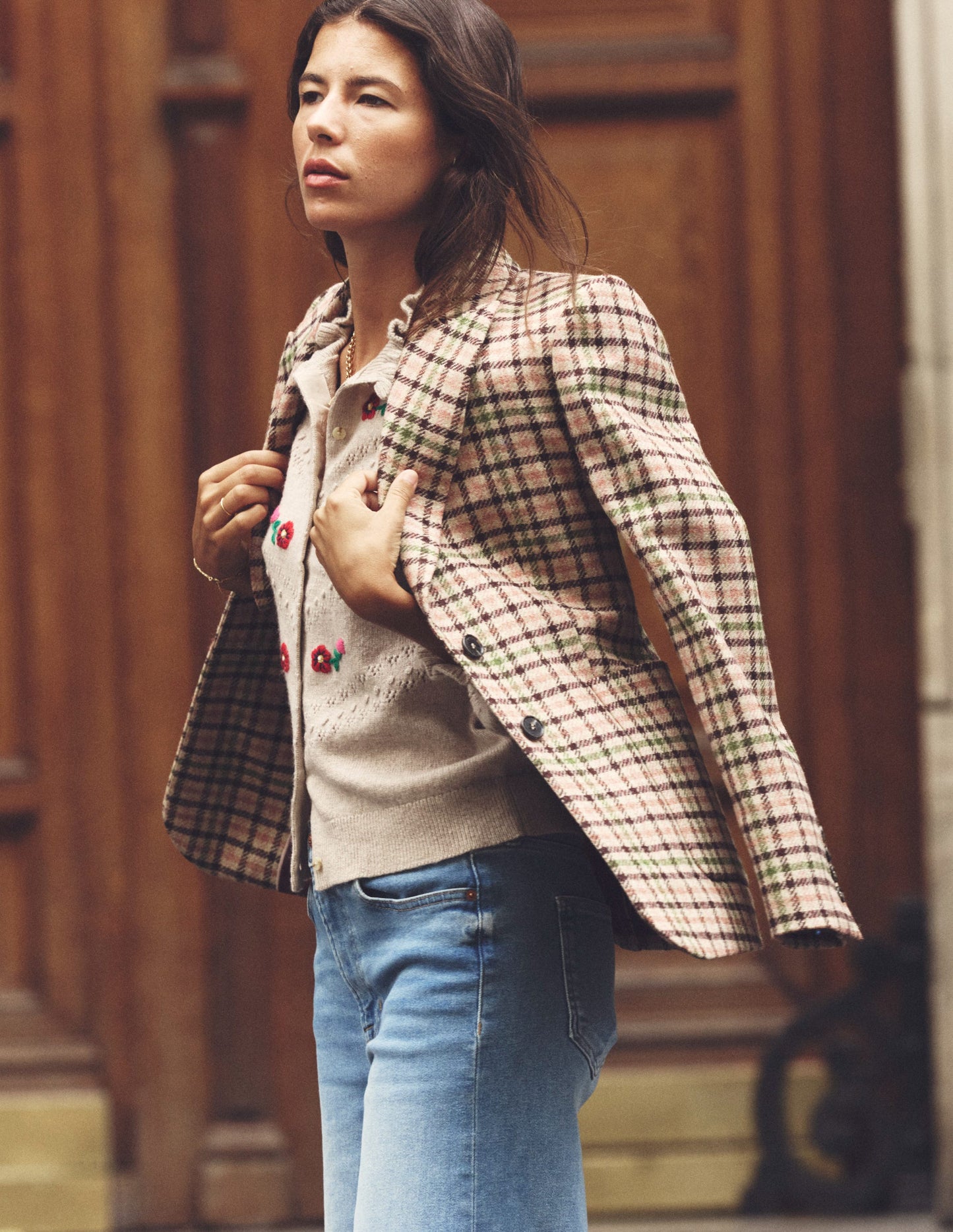 Marylebone Tweed Blazer-Pink, Green Check