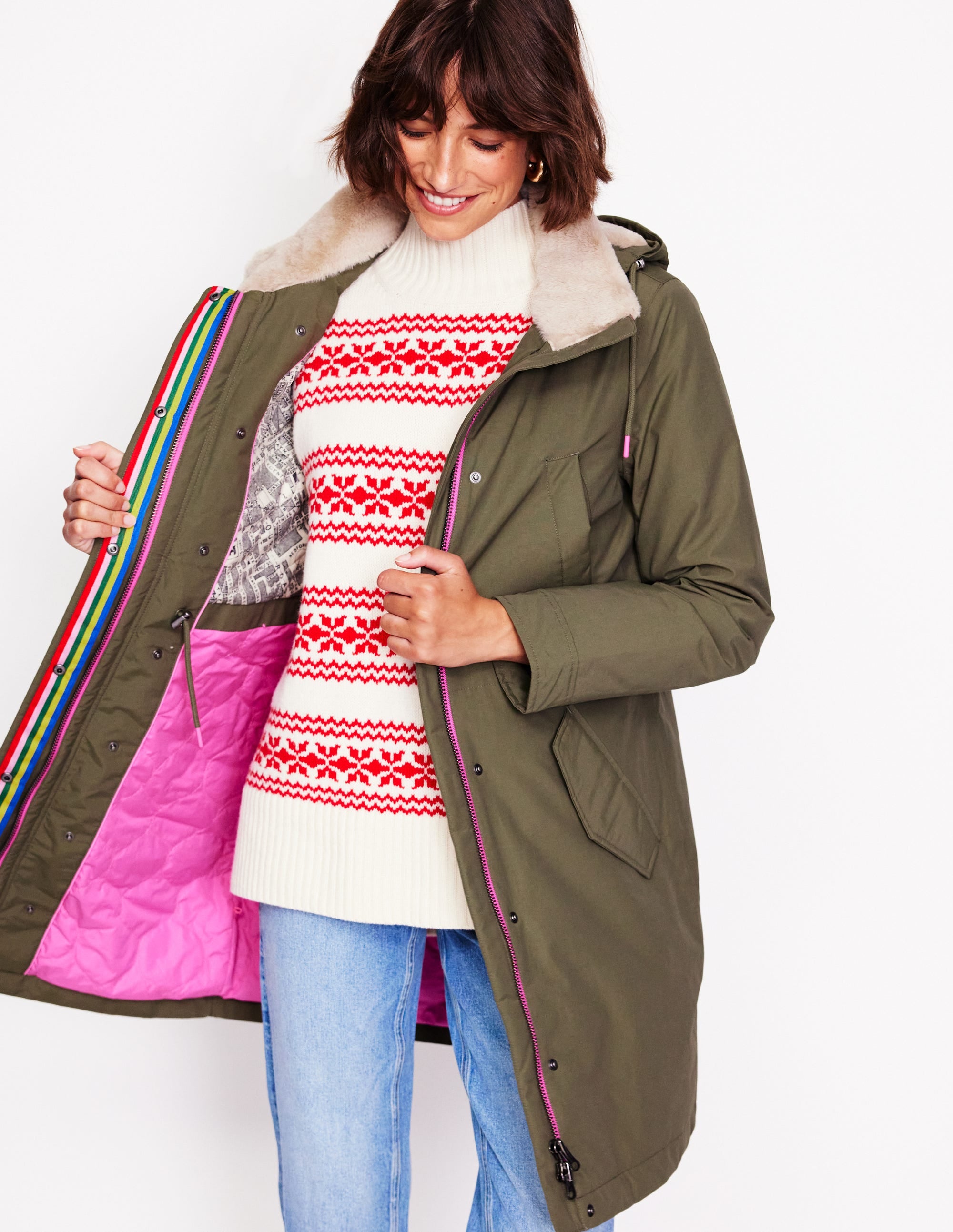 Faux-Fur Hood Parka-Khaki - Image 1