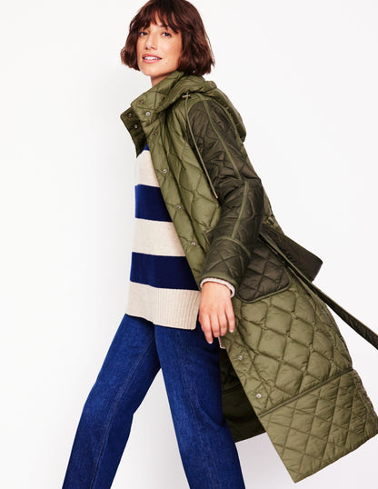 Quilted Belted Coat-Khaki