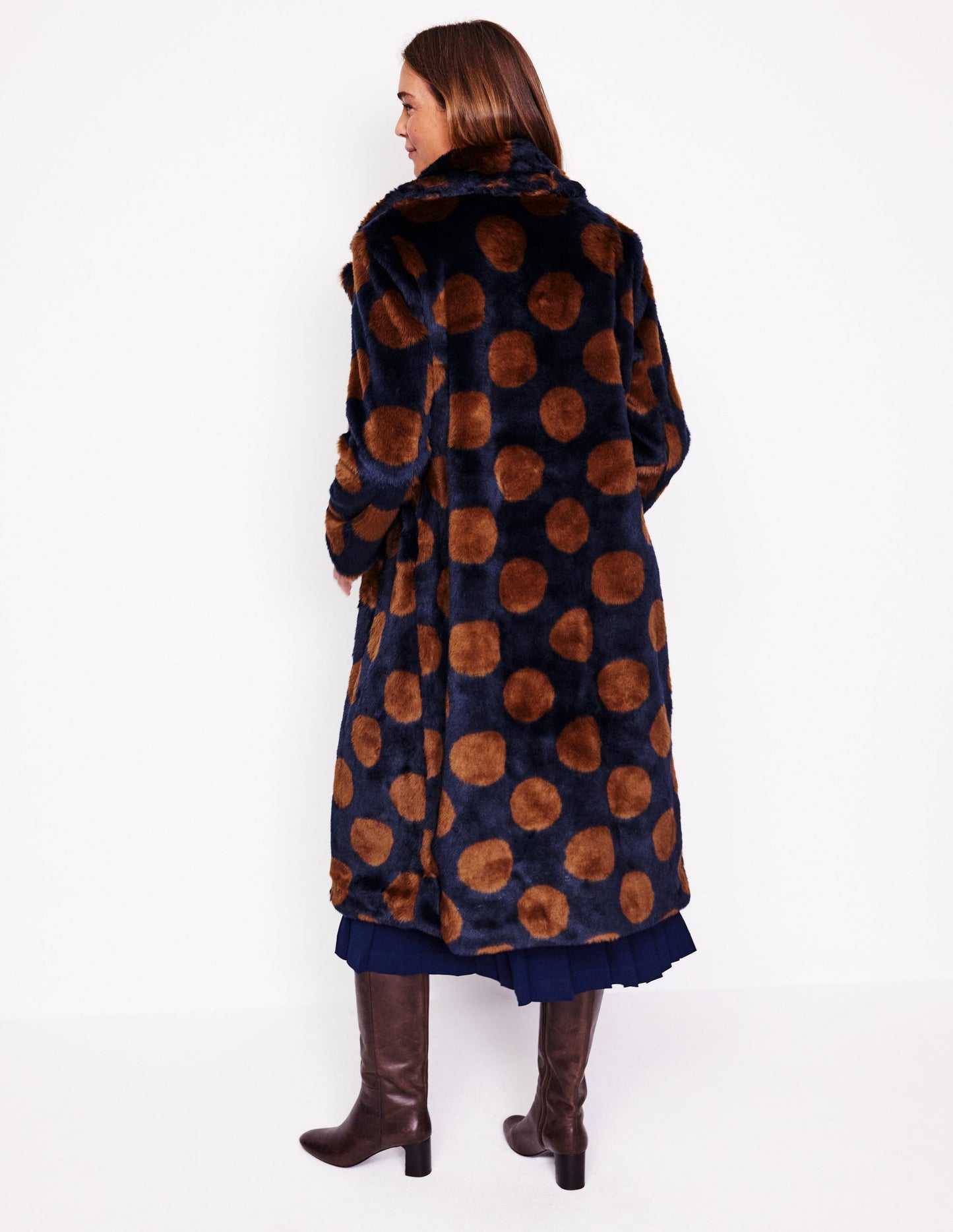 Spot Faux-Fur Midi Coat-Navy & Brown Spot