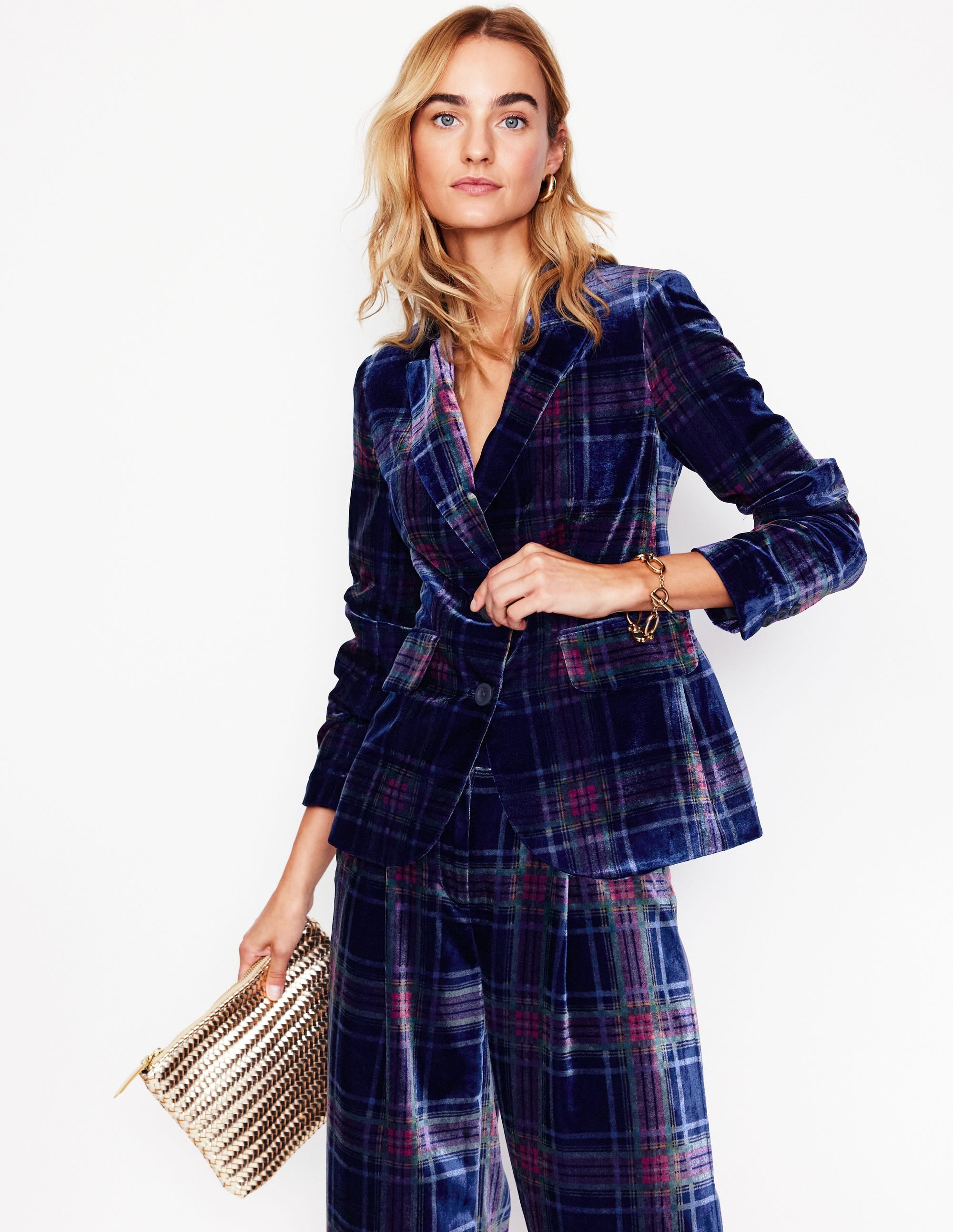 Fluid Velvet Blazer-Navy and Red Check - Image 1