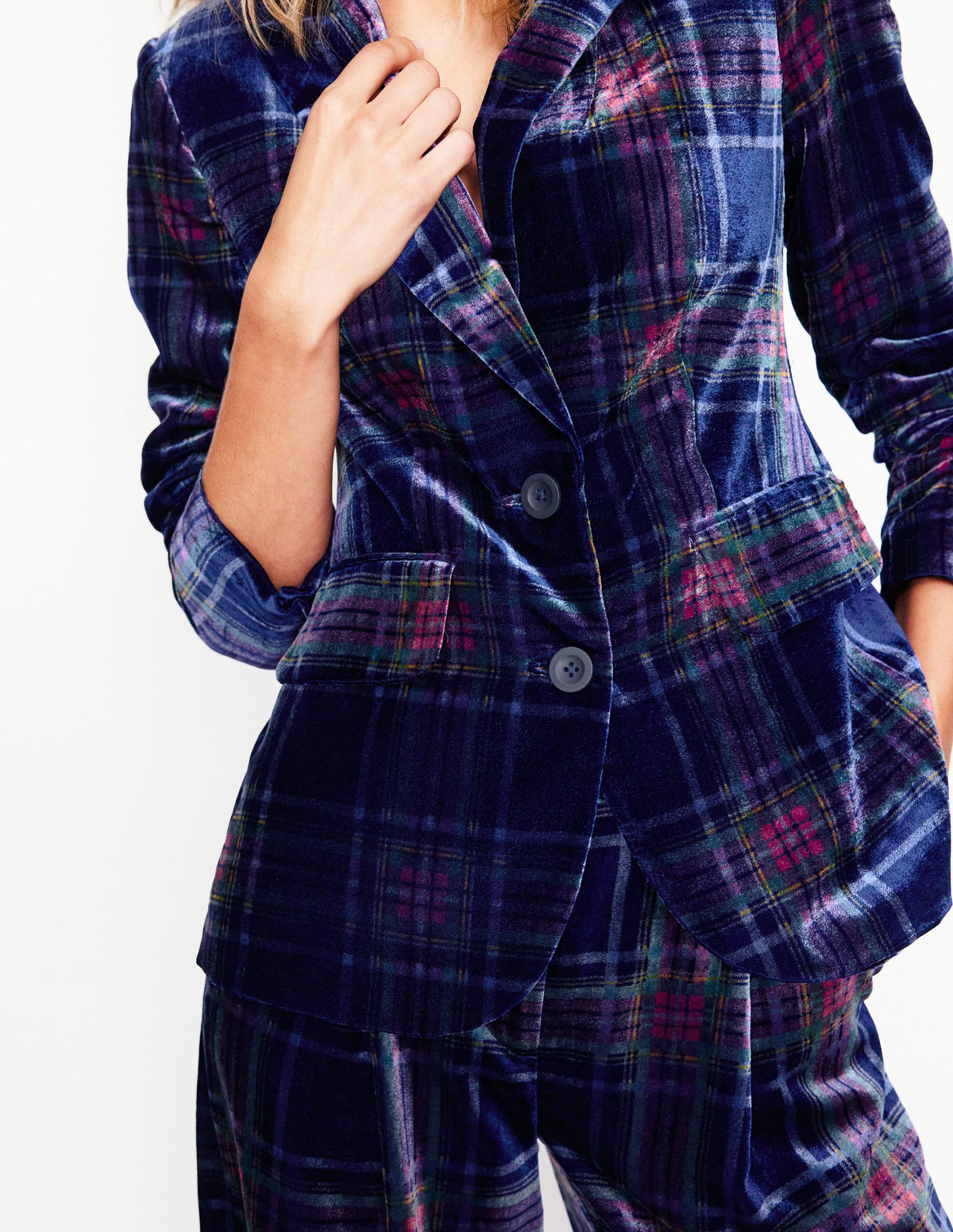 Fluid Velvet Blazer-Navy and Red Check - Image 2