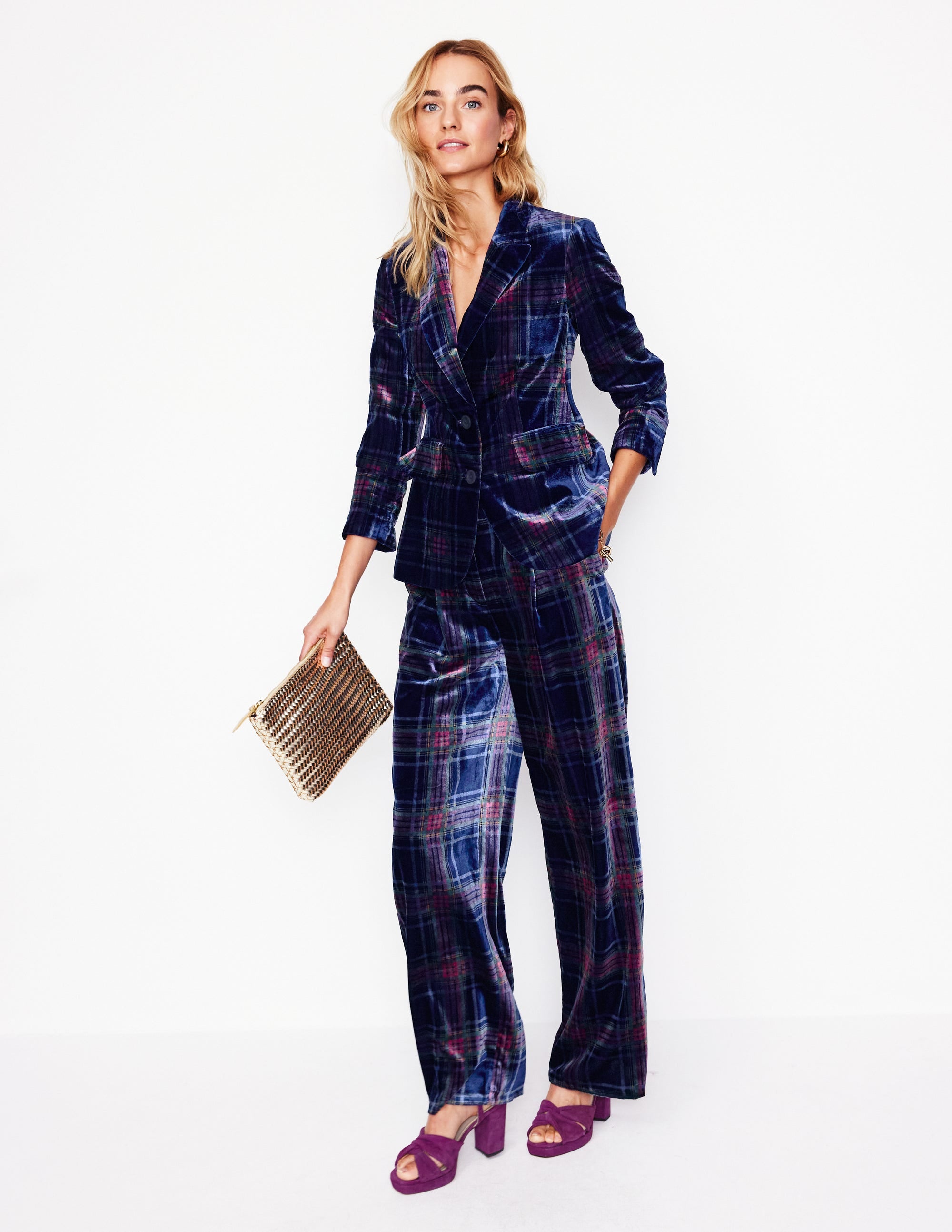 Fluid Velvet Blazer-Navy and Red Check - Image 4