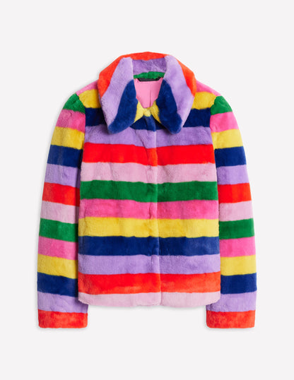 Stripe Faux-Fur Coat-Rainbow Stripe