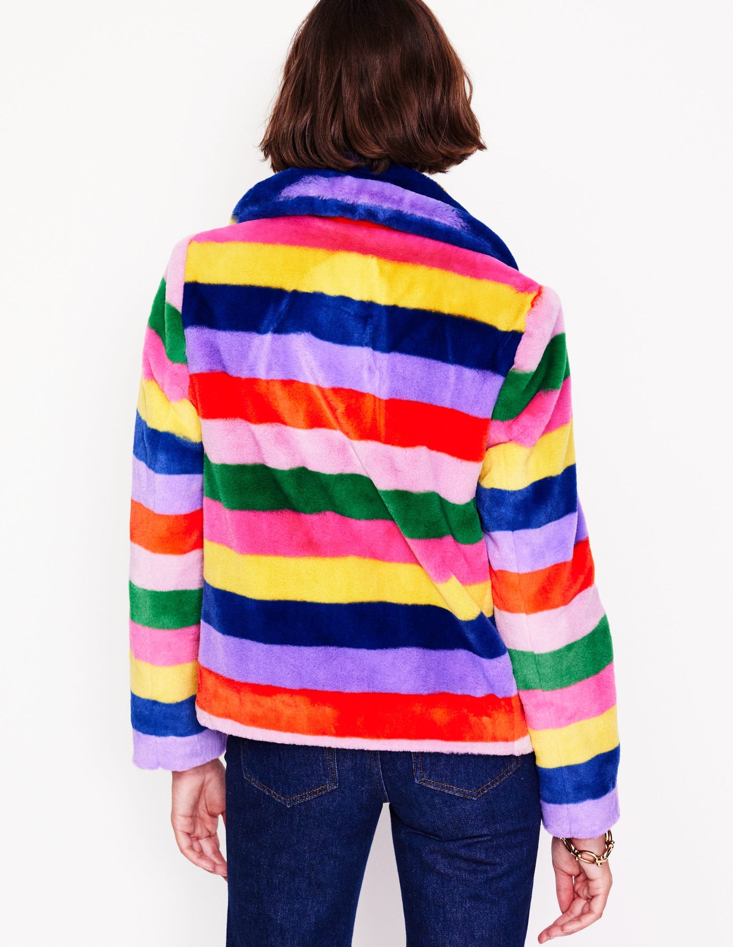 Stripe Faux-Fur Coat-Rainbow Stripe