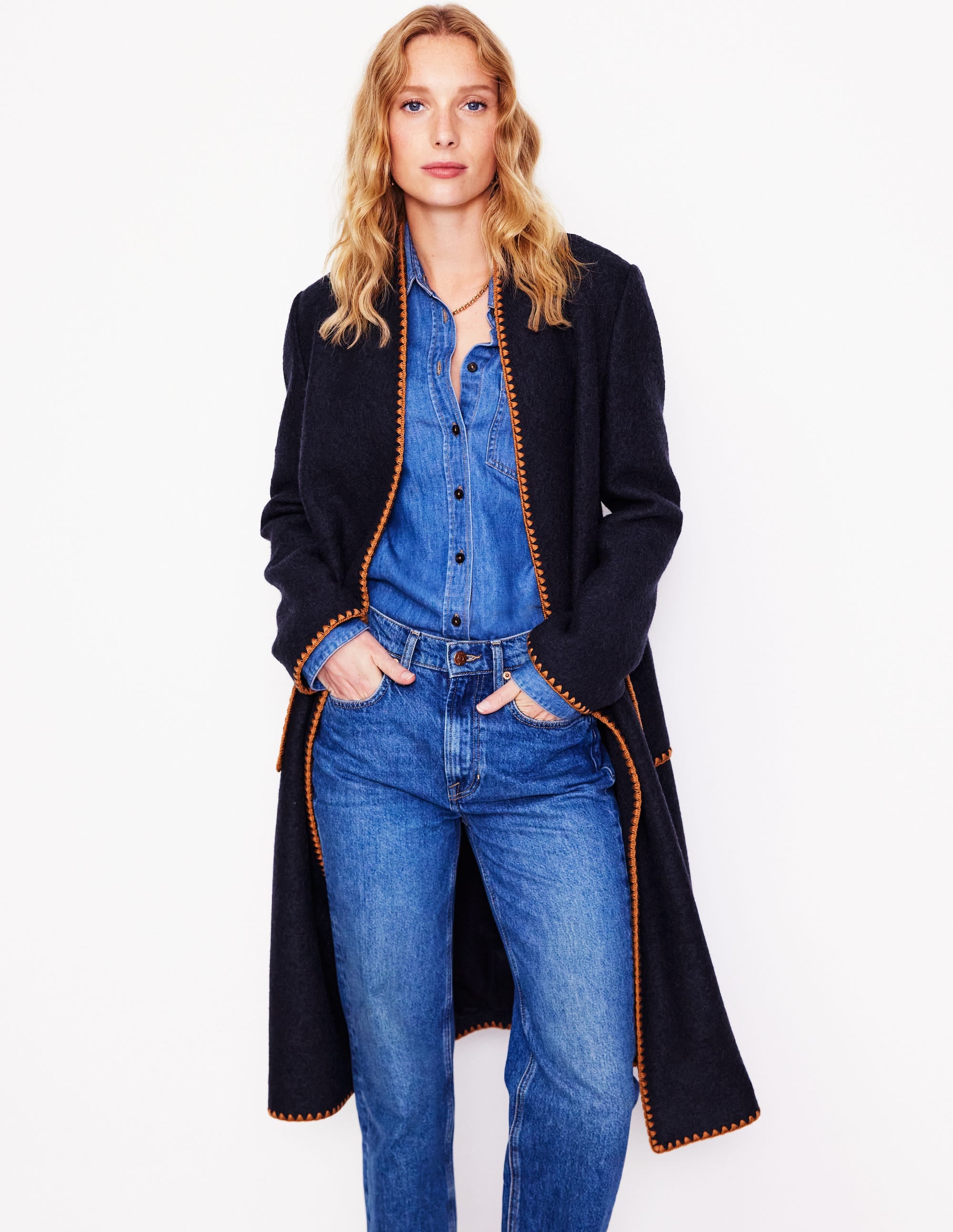 Blanket Stitch Wrap Coat-Navy - Image 1