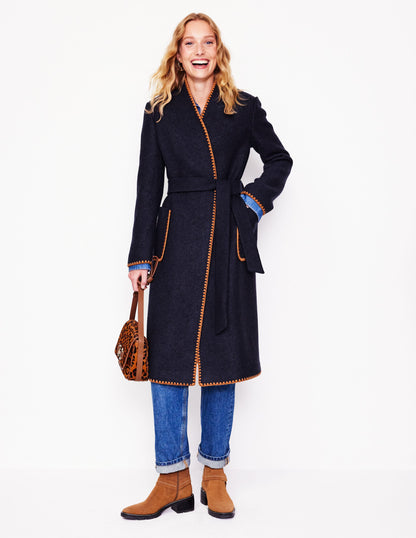 Blanket Stitch Wrap Coat-Navy