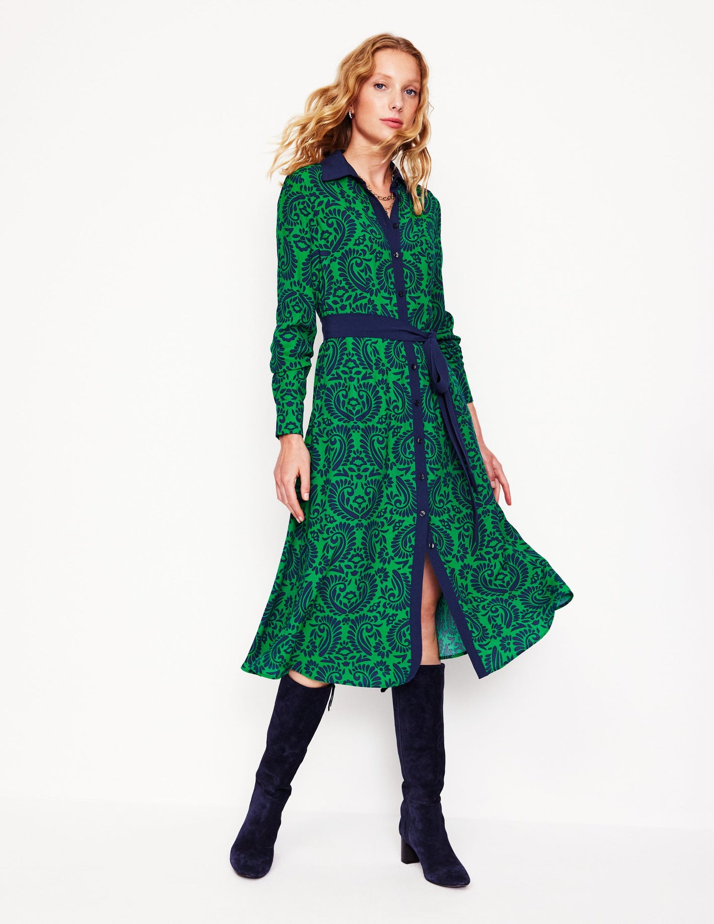 Kate Midi Shirt Dress-Rich Emerald, Decorative Flora