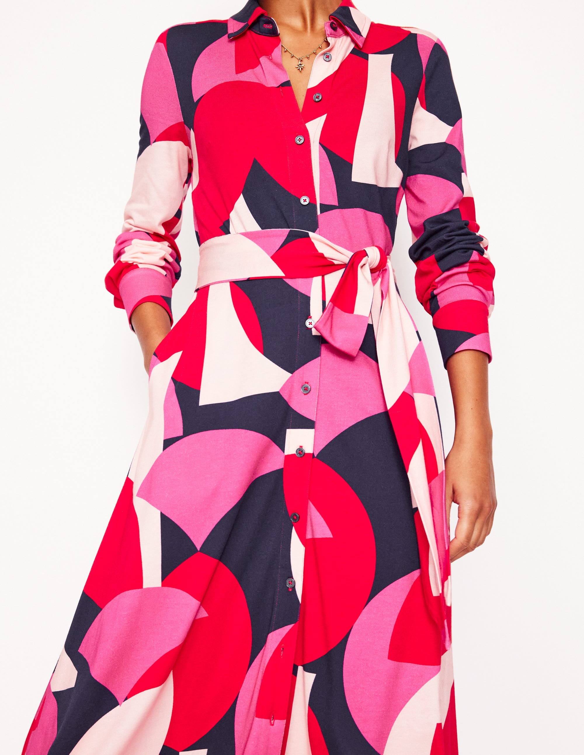 Marcia Jersey Shirt Dress-Poppy Red, Geometric Shuffle - Image 2