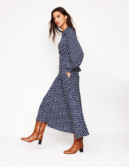 Ivy Smocked Midi Dress-College Navy, Abstract Dot