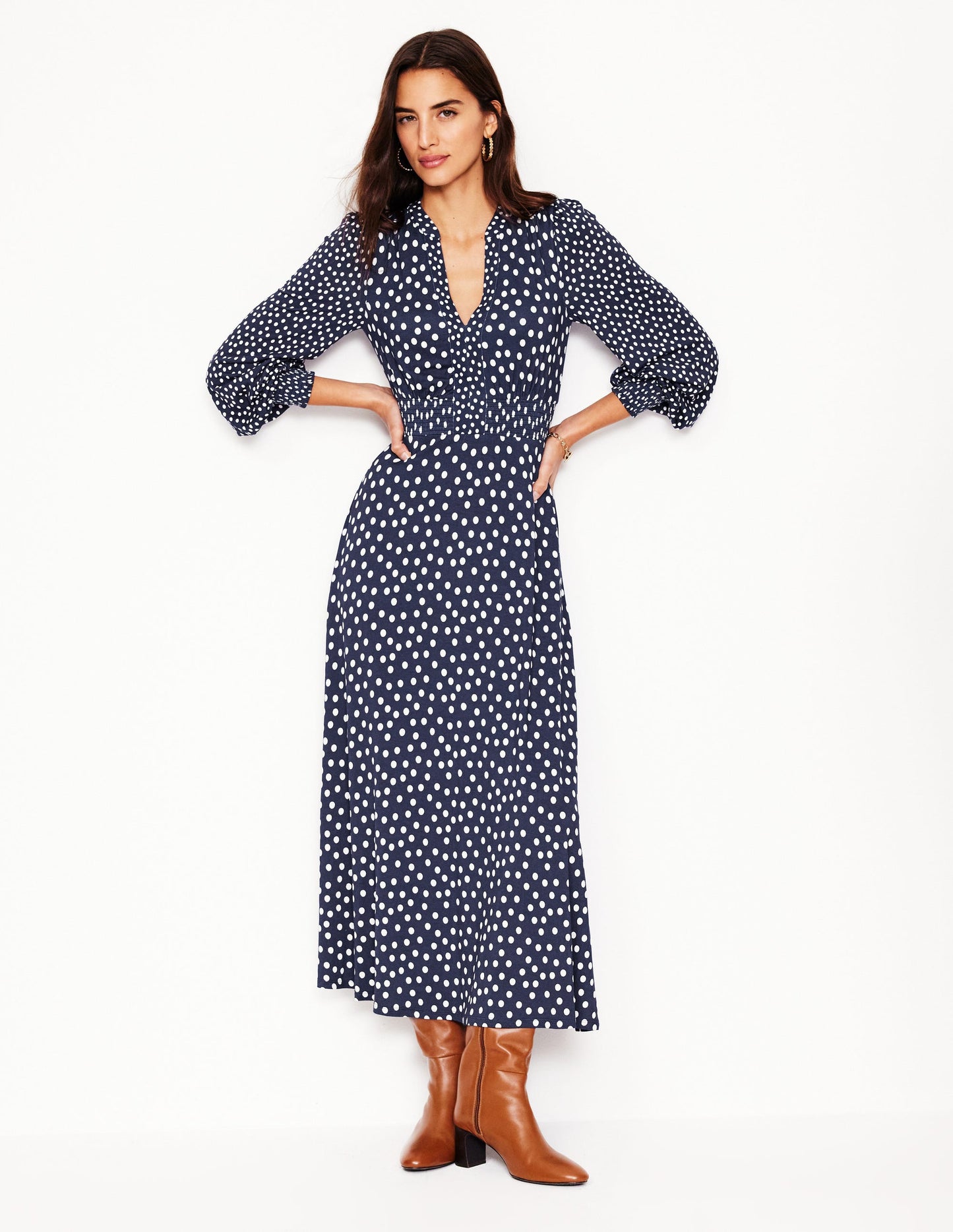 Ivy Smocked Midi Dress-College Navy, Abstract Dot