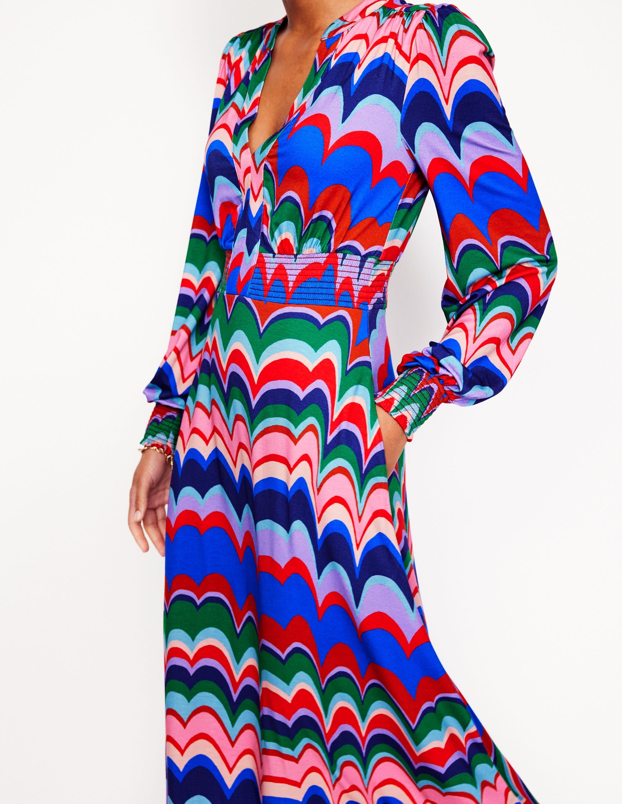 Ivy Smocked Midi Dress-Multi, Abstract Wave - Image 2