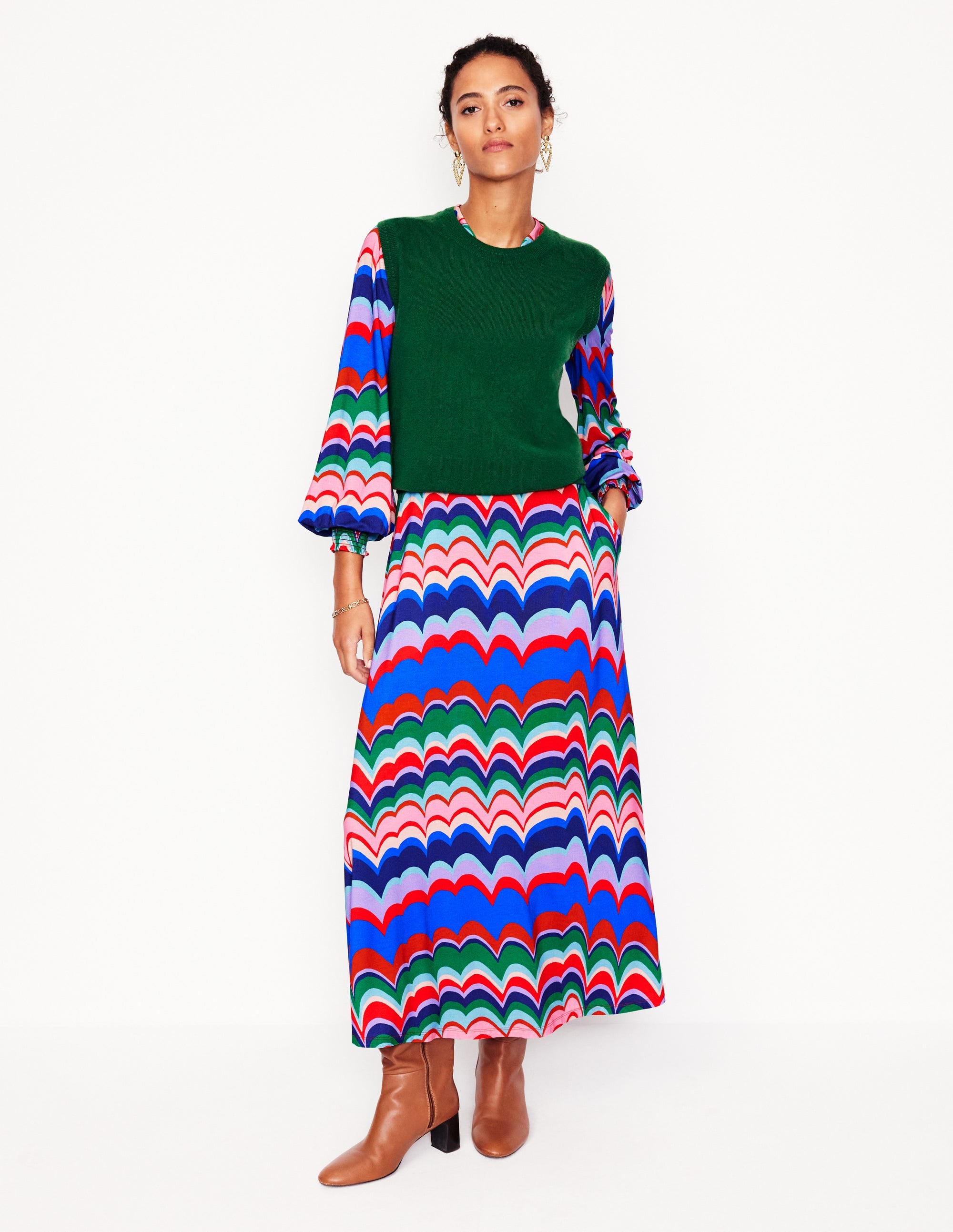 Ivy Smocked Midi Dress-Multi, Abstract Wave - Image 4