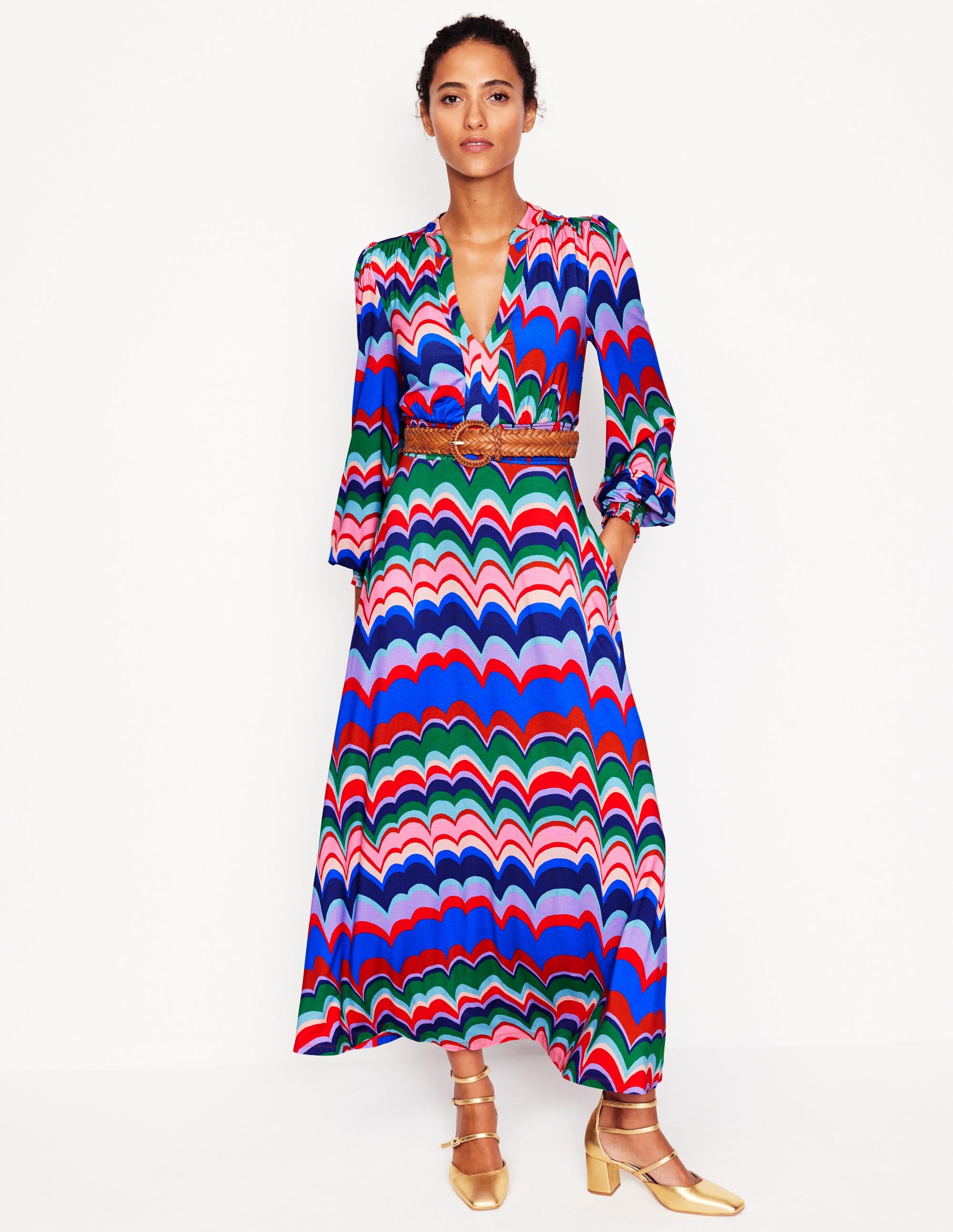 Ivy Smocked Midi Dress-Multi, Abstract Wave - Image 5