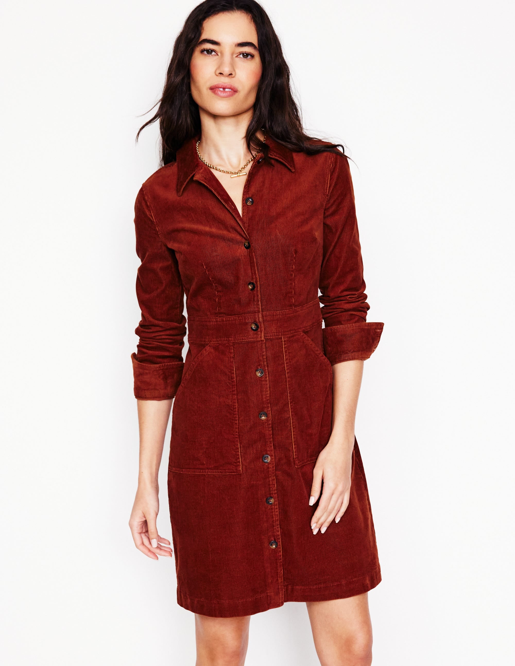 Flora Cord Shirt Dress-Cognac - Image 1
