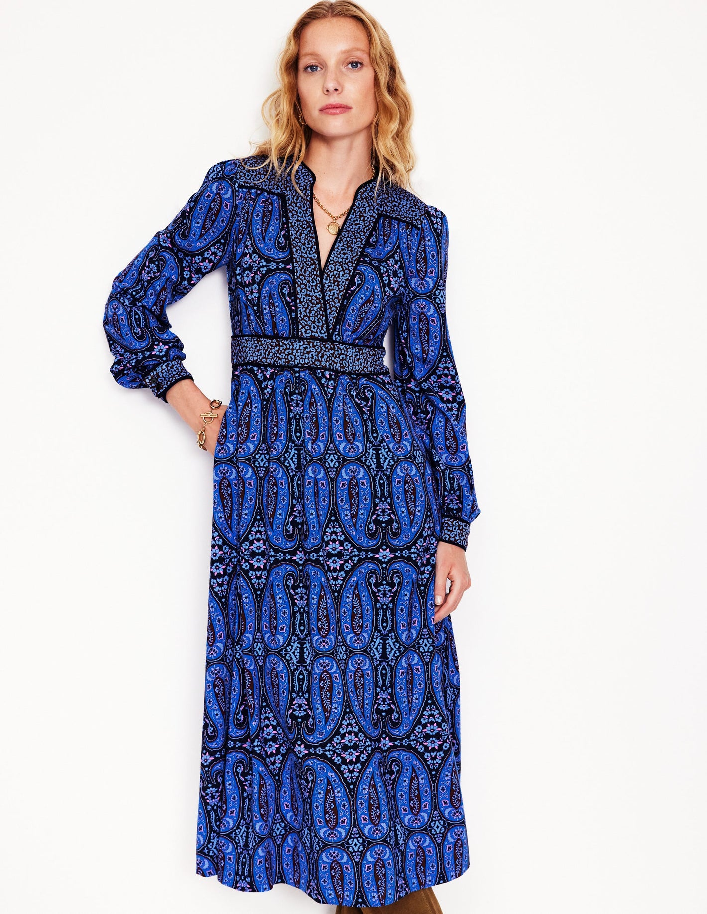 Hotched Ponte Dress-Blue, Paisley Bud