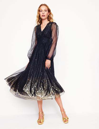 Christina Tulle Midi Dress-Navy, Foil Scattered Stars