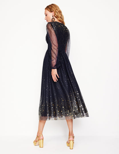 Christina Tulle Midi Dress-Navy, Foil Scattered Stars