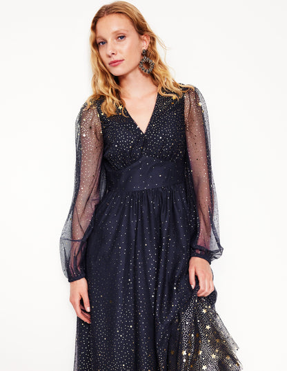 Christina Tulle Midi Dress-Navy, Foil Scattered Stars