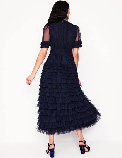 Tiered Ruffle Tulle Dress-Navy