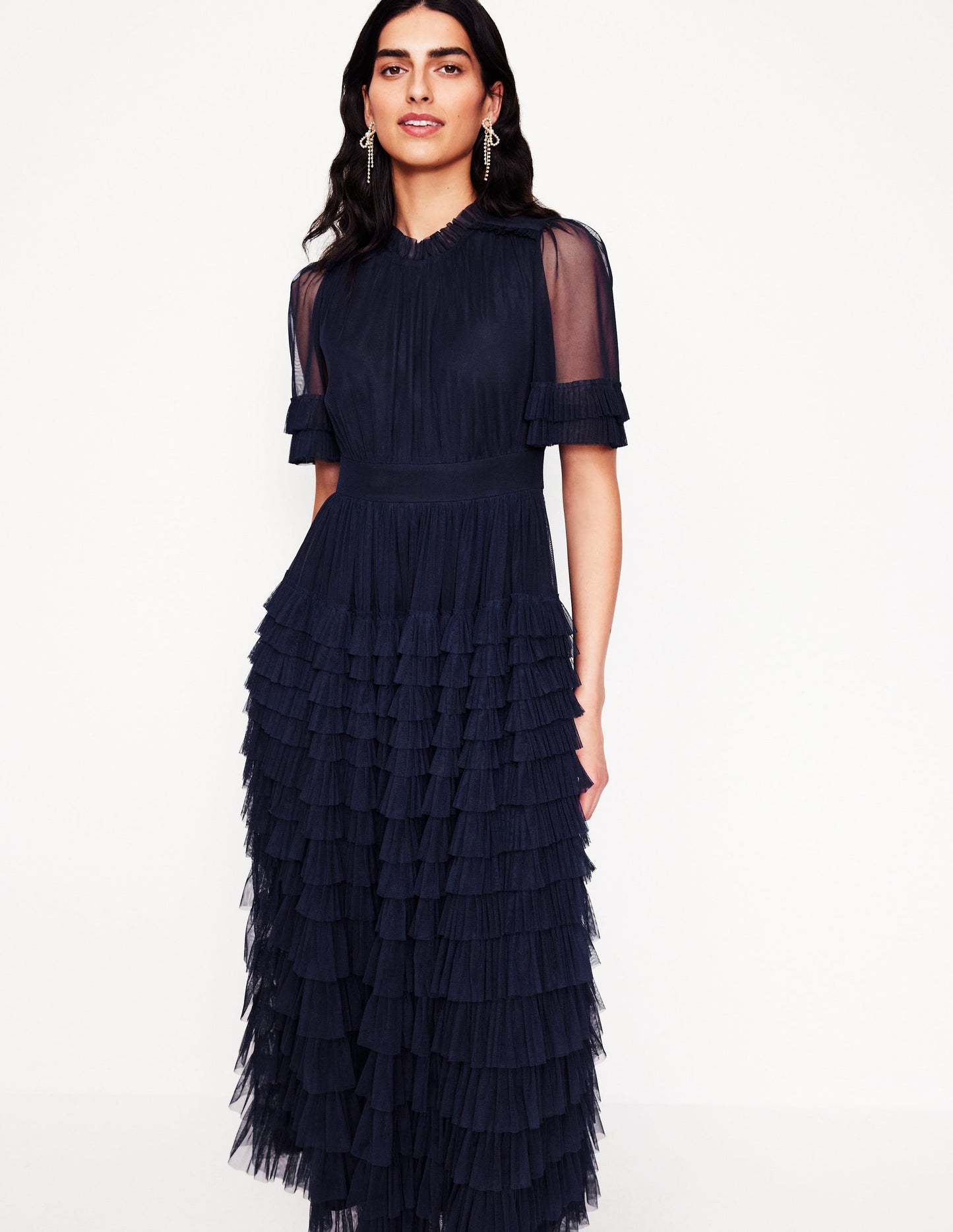 Tiered Ruffle Tulle Dress-Navy