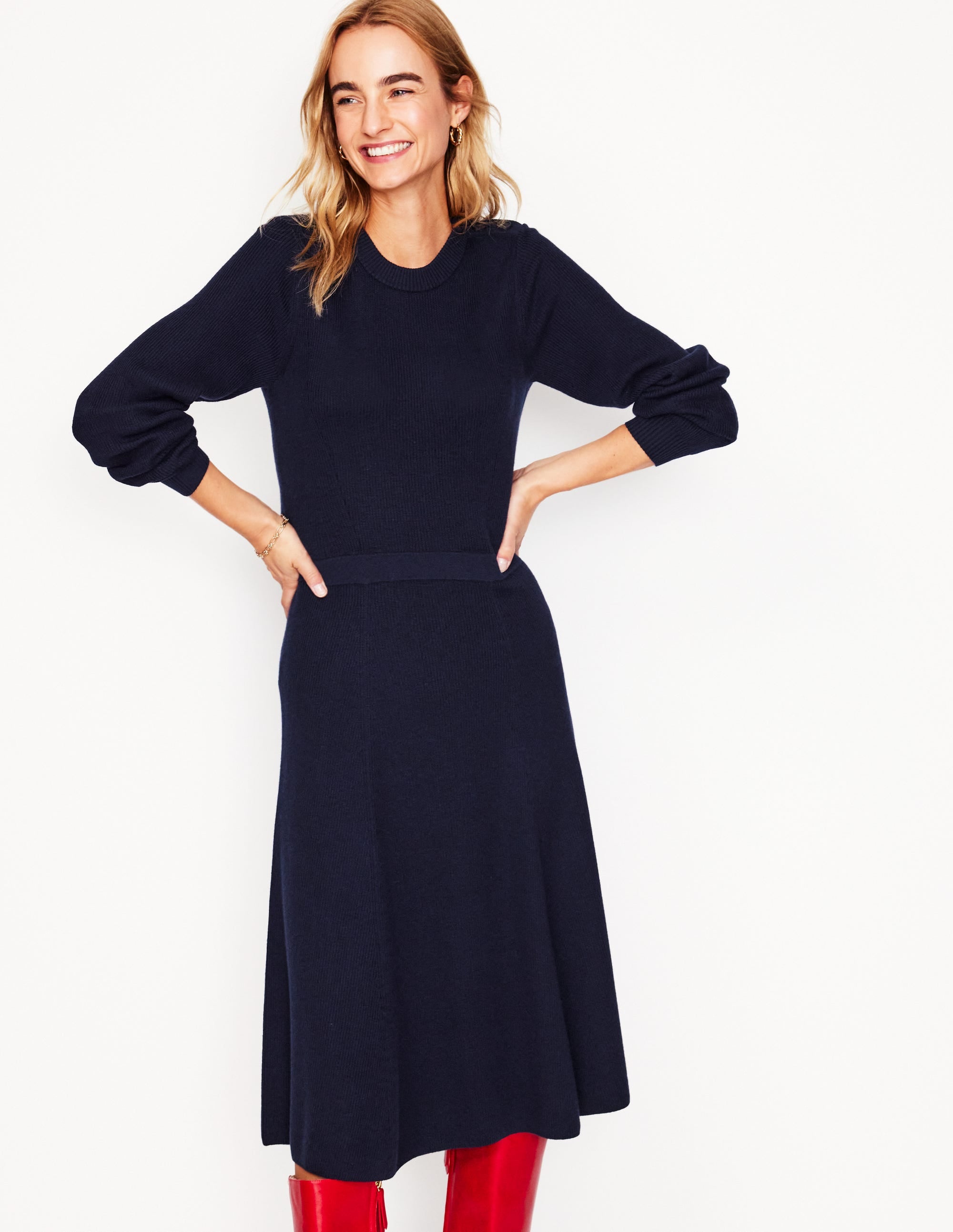 Button Shoulder Knitted Dress-Navy - Image 1