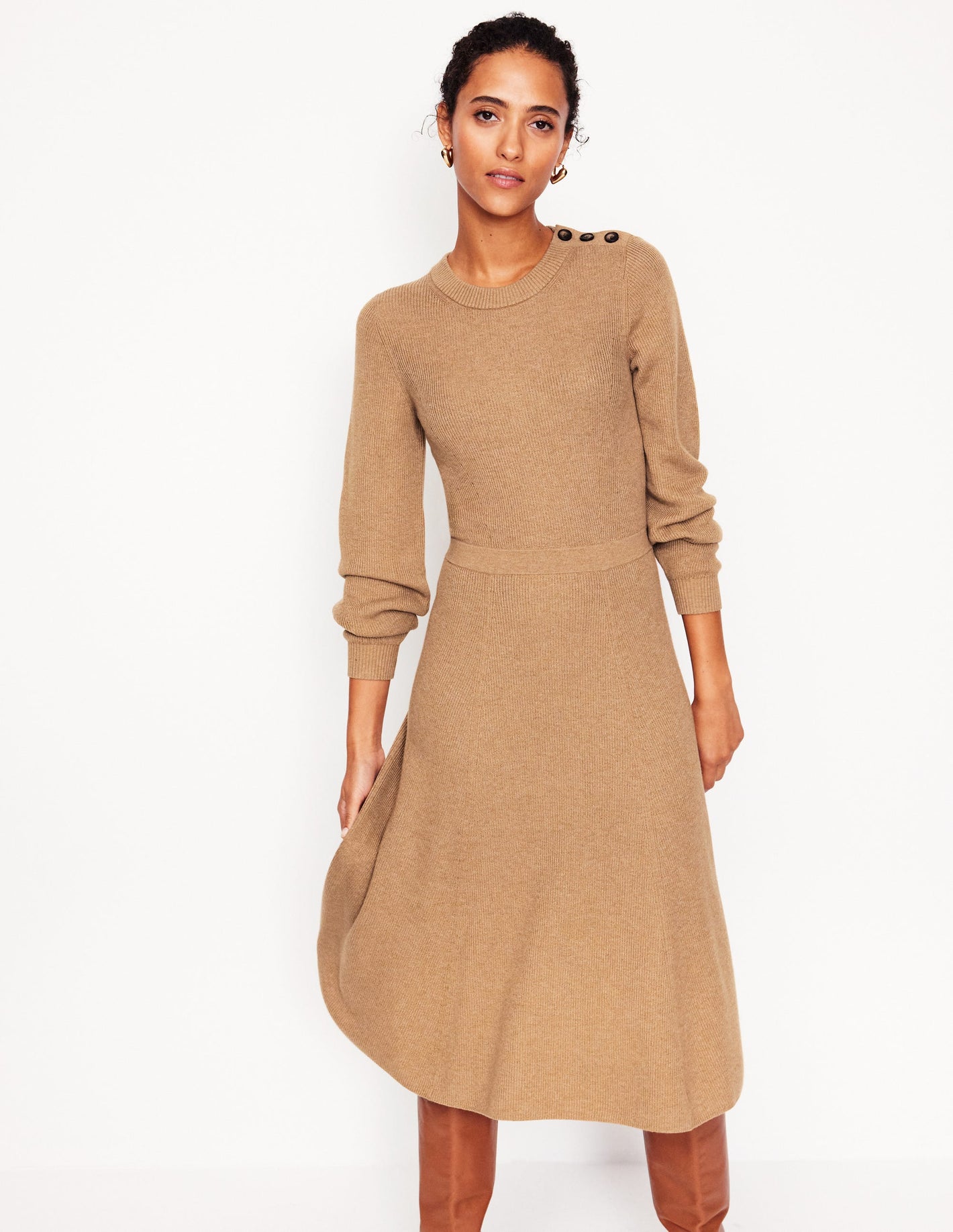 Button Shoulder Knitted Dress-Camel Melange