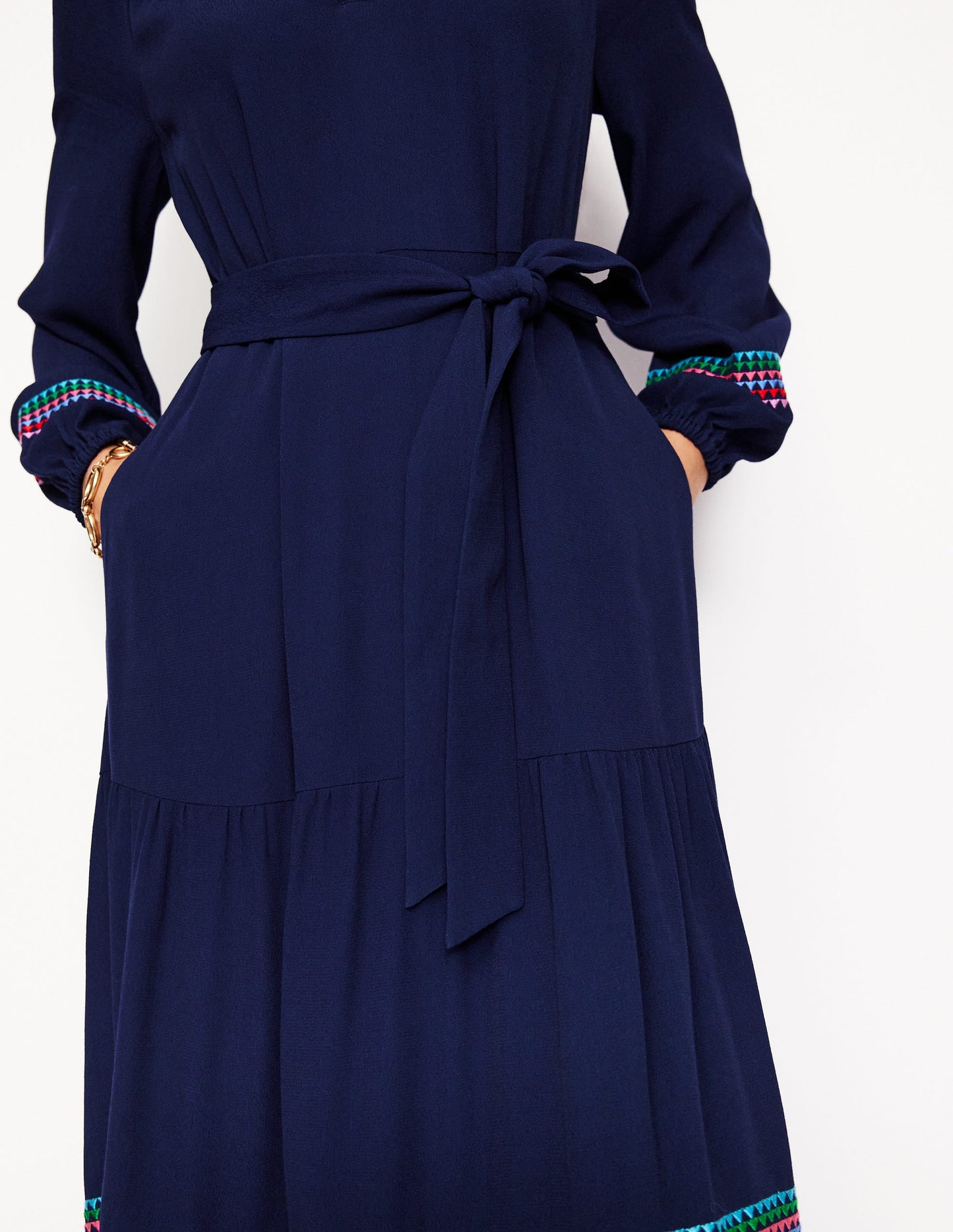 Embroidered Yoke Midi Dress-Navy