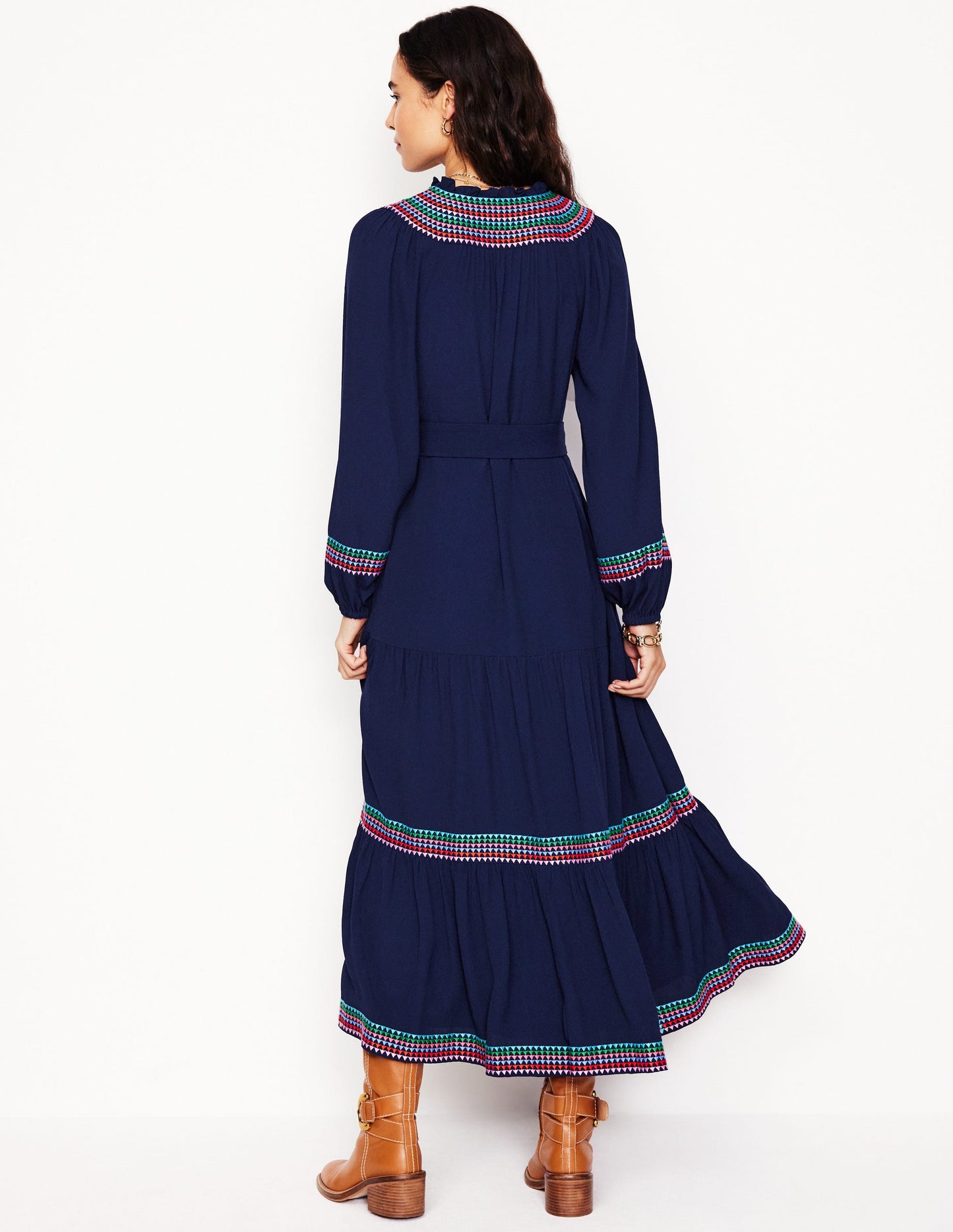 Embroidered Yoke Midi Dress-Navy