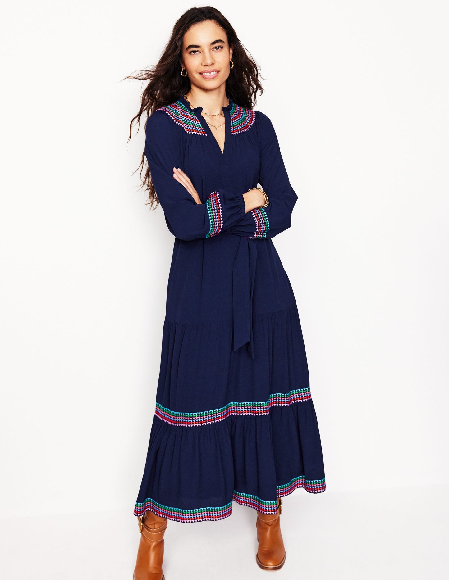 Embroidered Yoke Midi Dress-Navy