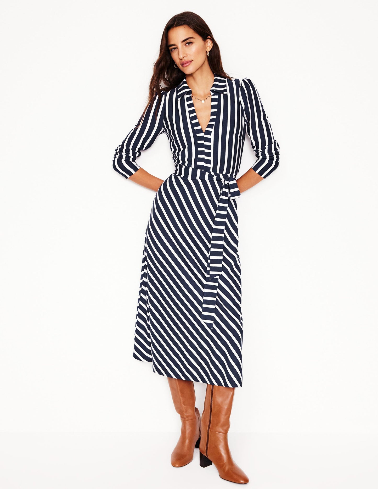 Imogen Collared Jersey Dress-French Navy, Ivory Stripe