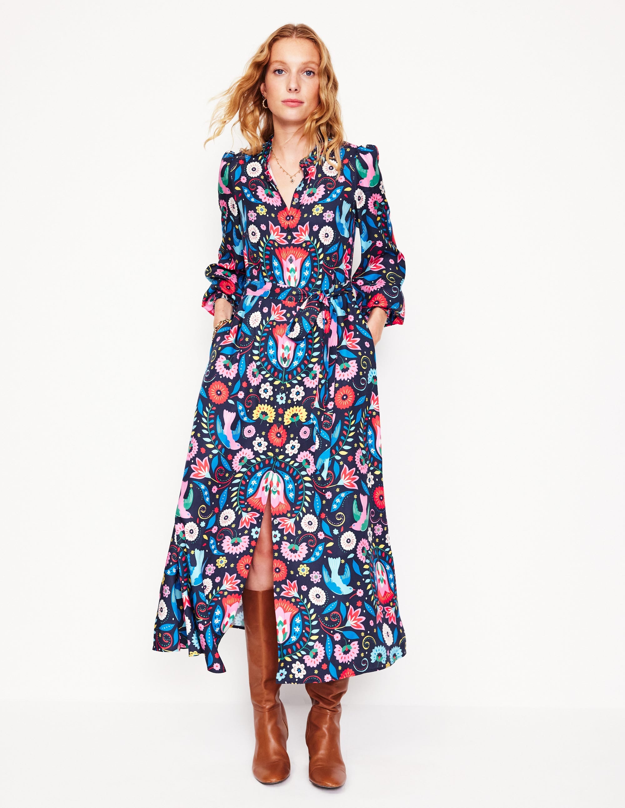 Ruby Collarless Shirt Dress-French Navy, Decorative Garden - Image 3