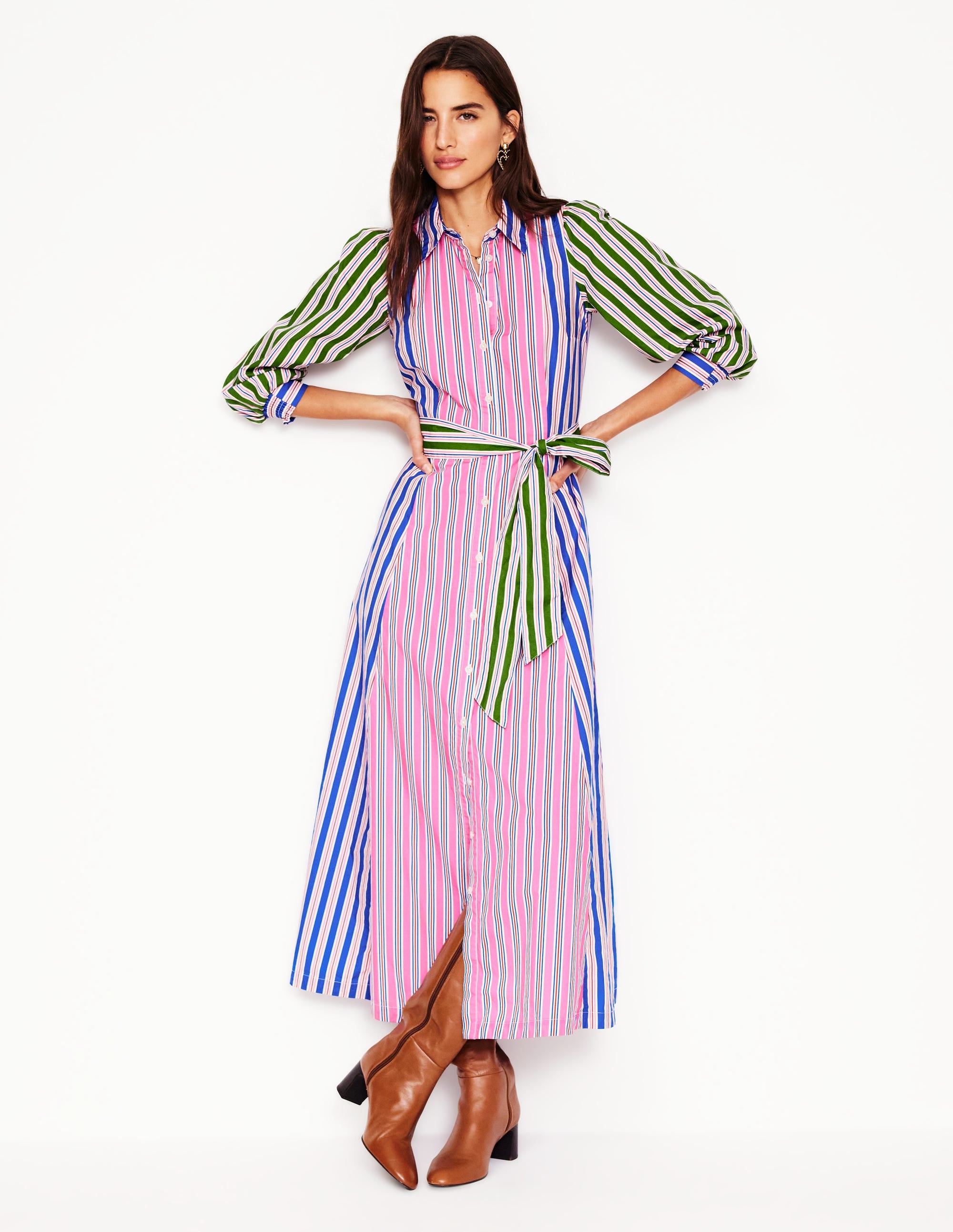 Clara Cotton Shirt Dress-Pink Rose, Red Stripe - Image 1
