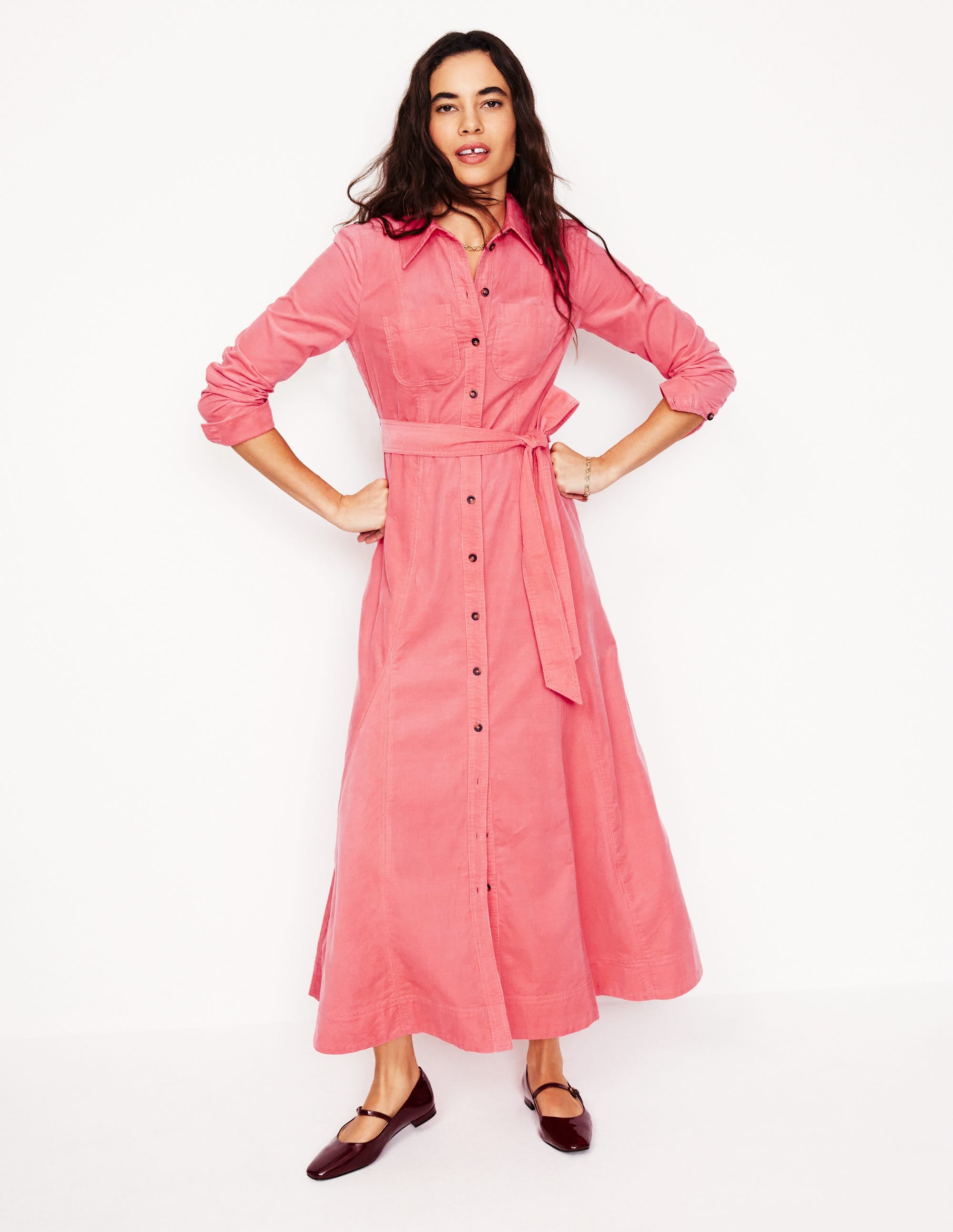 Mila Cord Midi Shirt Dress-Azalea Pink - Image 1