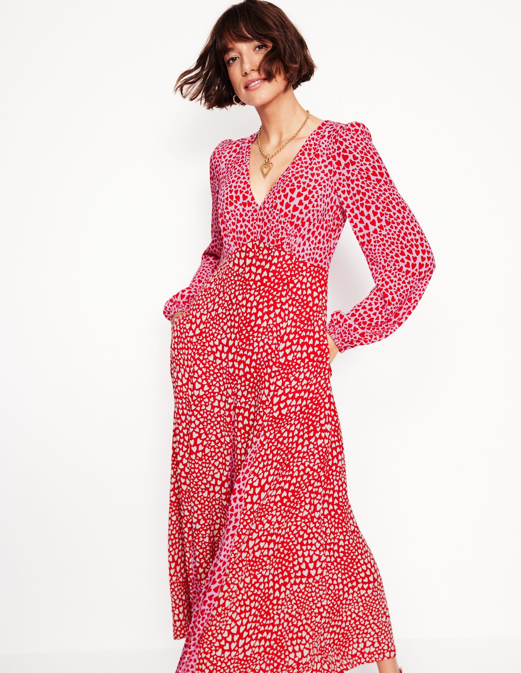 Lisa Long Sleeve Tea Dress-Pink, Heart Cluster - Image 1
