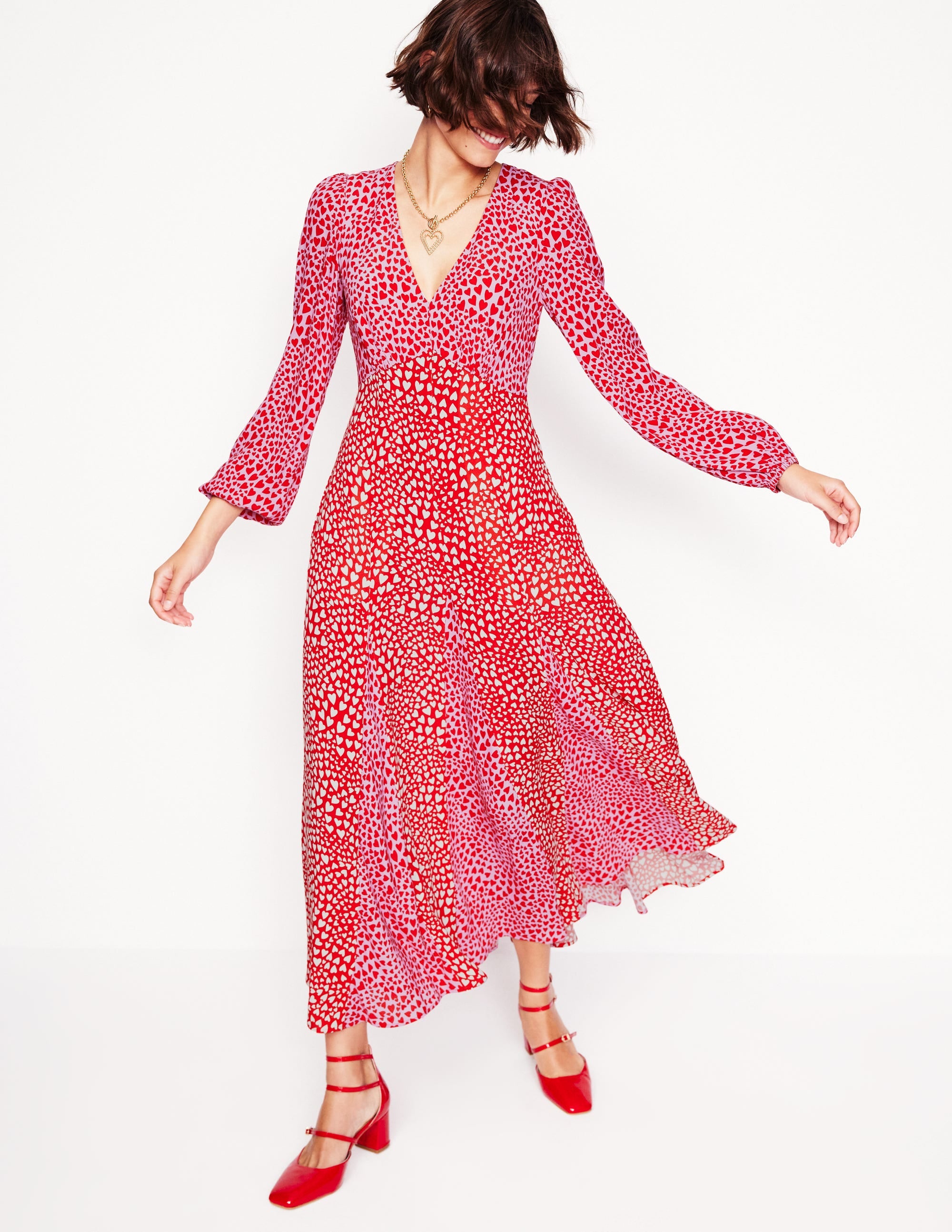 Lisa Long Sleeve Tea Dress-Pink, Heart Cluster - Image 2