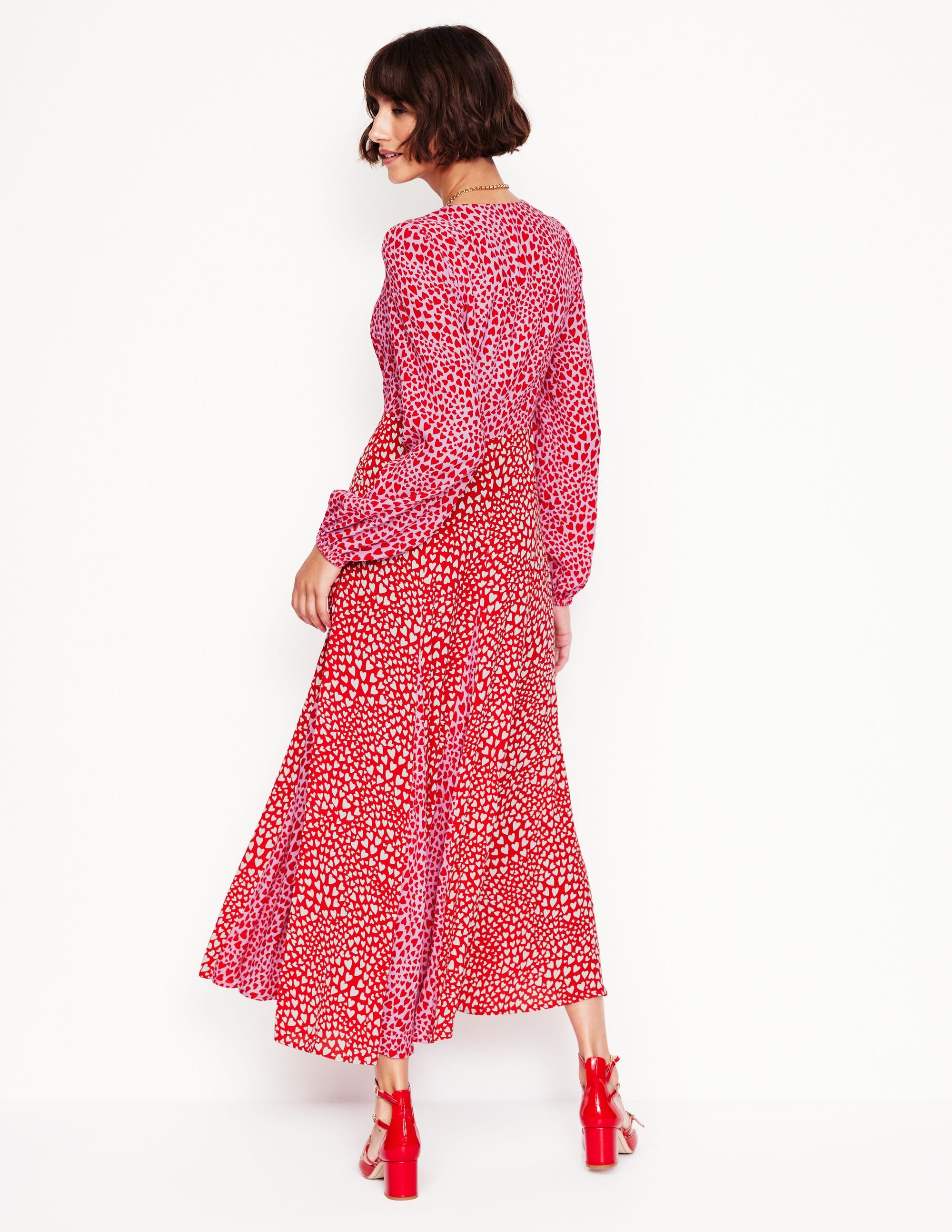 Lisa Long Sleeve Tea Dress-Pink, Heart Cluster - Image 4