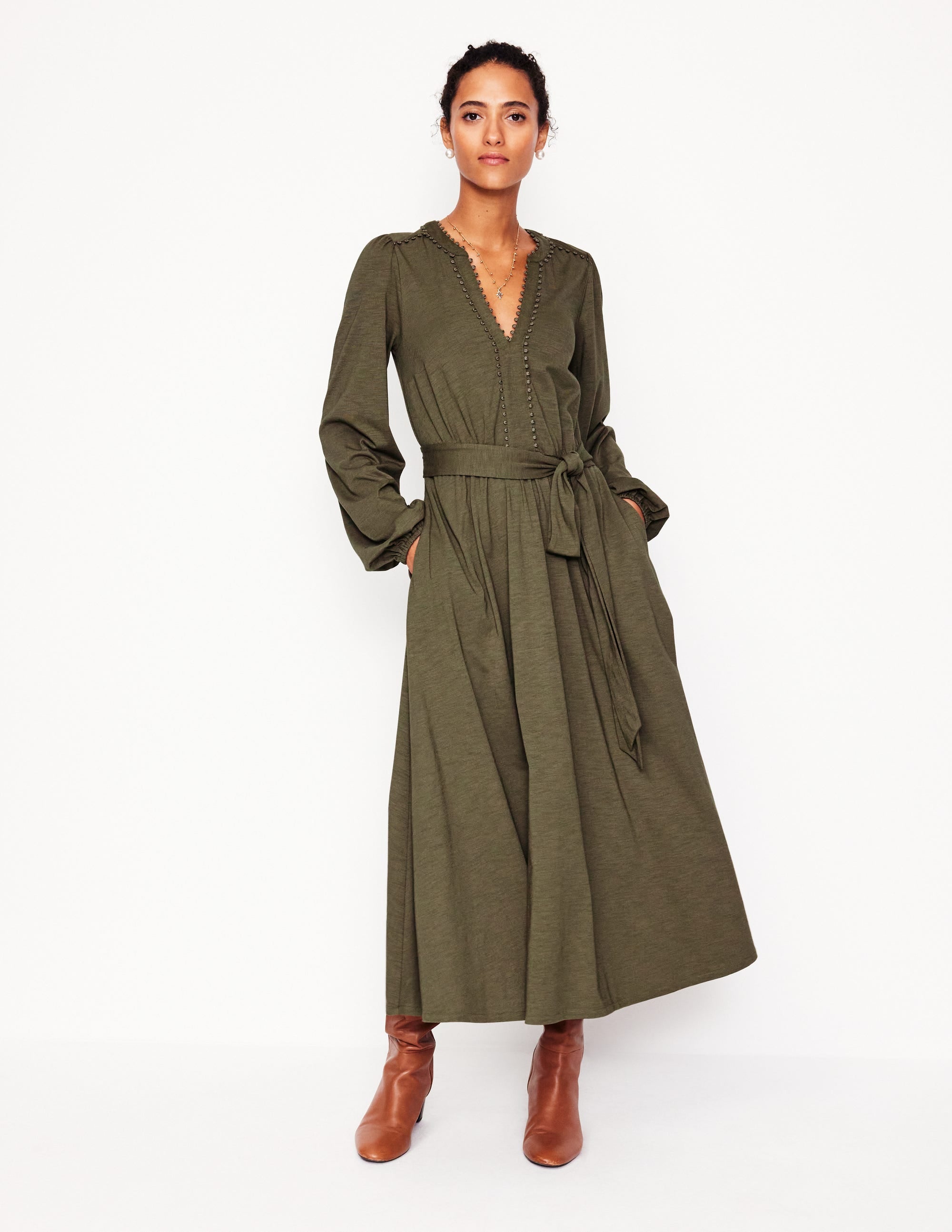 Maeve Trim Jersey Midi Dress-Classic Khaki - Image 1