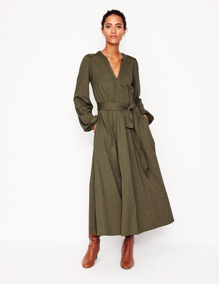 Maeve Trim Jersey Midi Dress-Classic Khaki