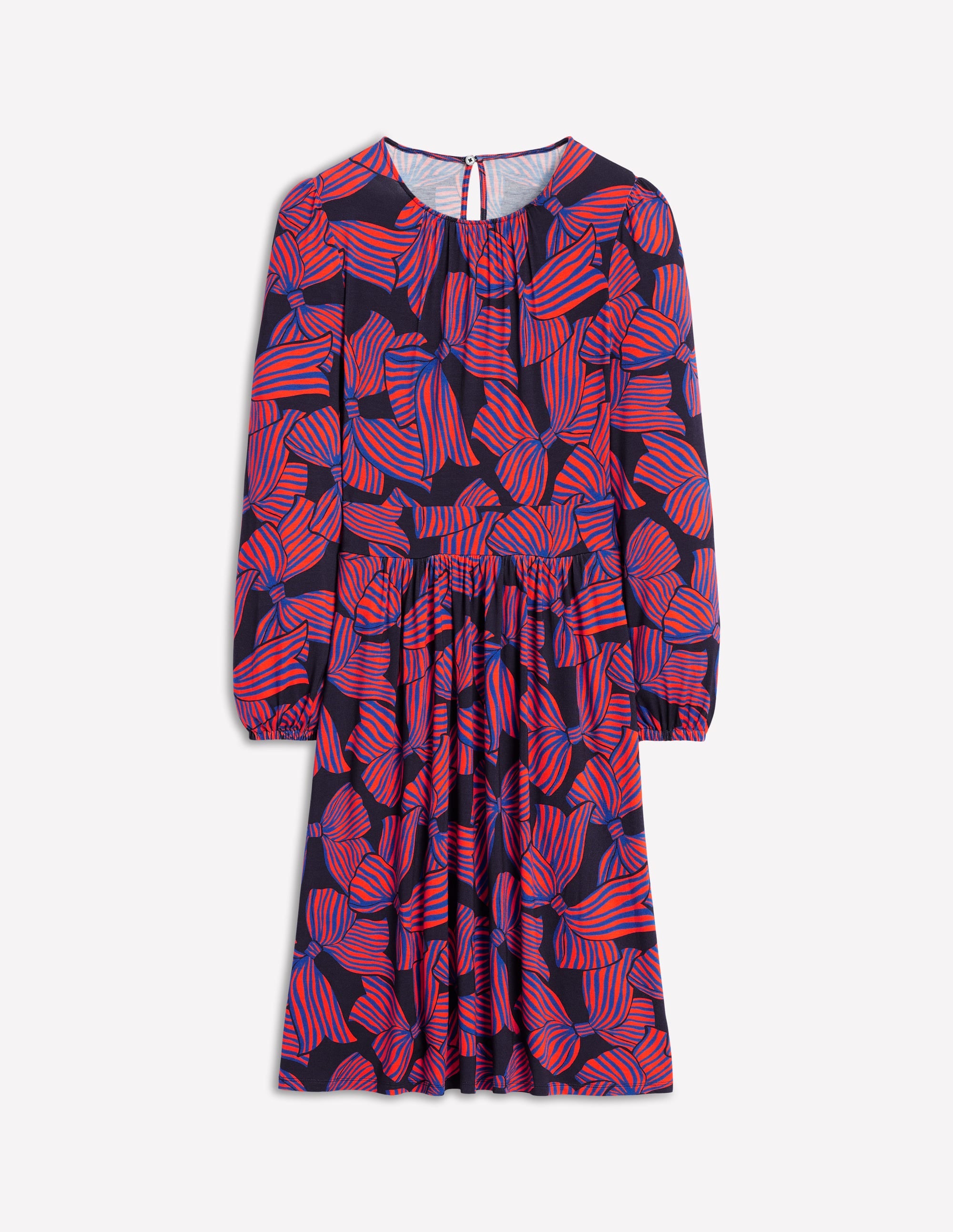 Alexandra Blouson Jersey Dress-French Navy, Bow Scatter - Image 5