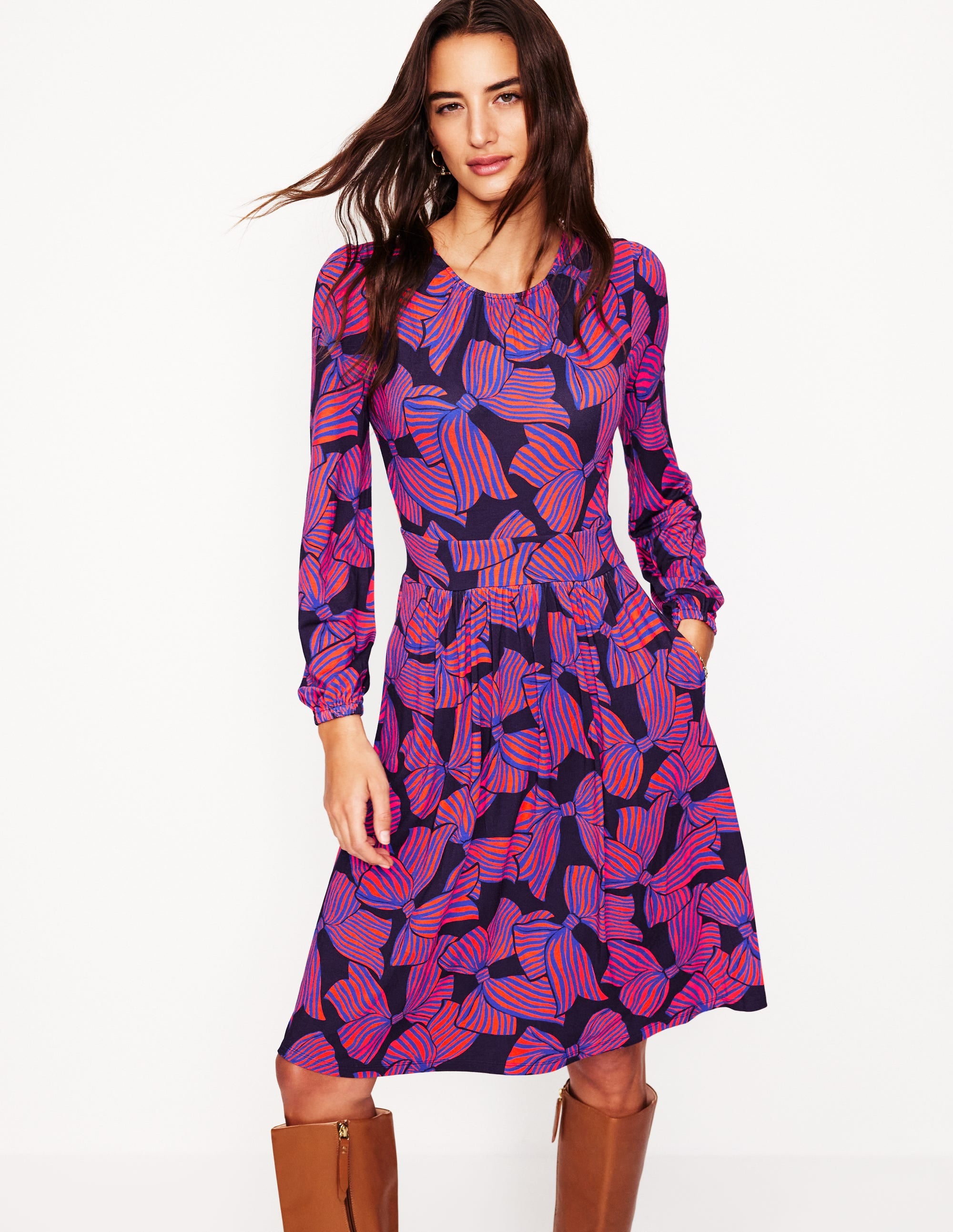 Alexandra Blouson Jersey Dress-French Navy, Bow Scatter - Image 1