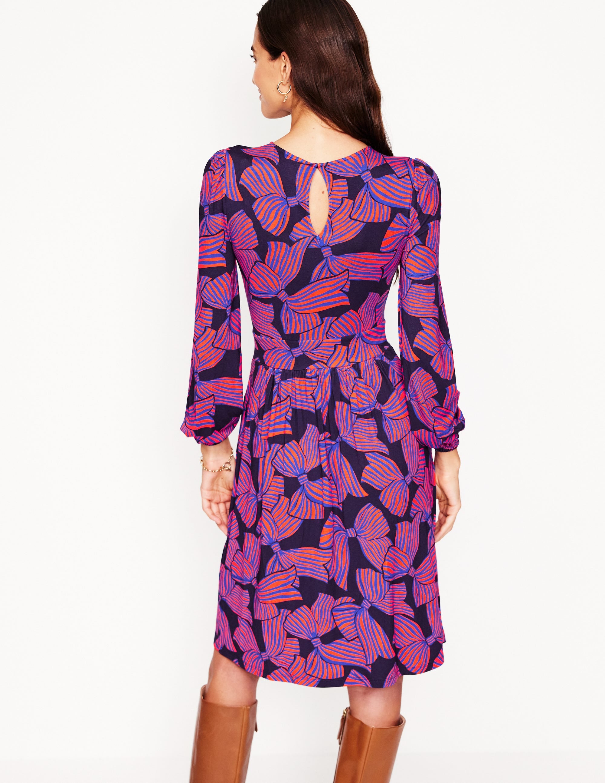 Alexandra Blouson Jersey Dress-French Navy, Bow Scatter - Image 3