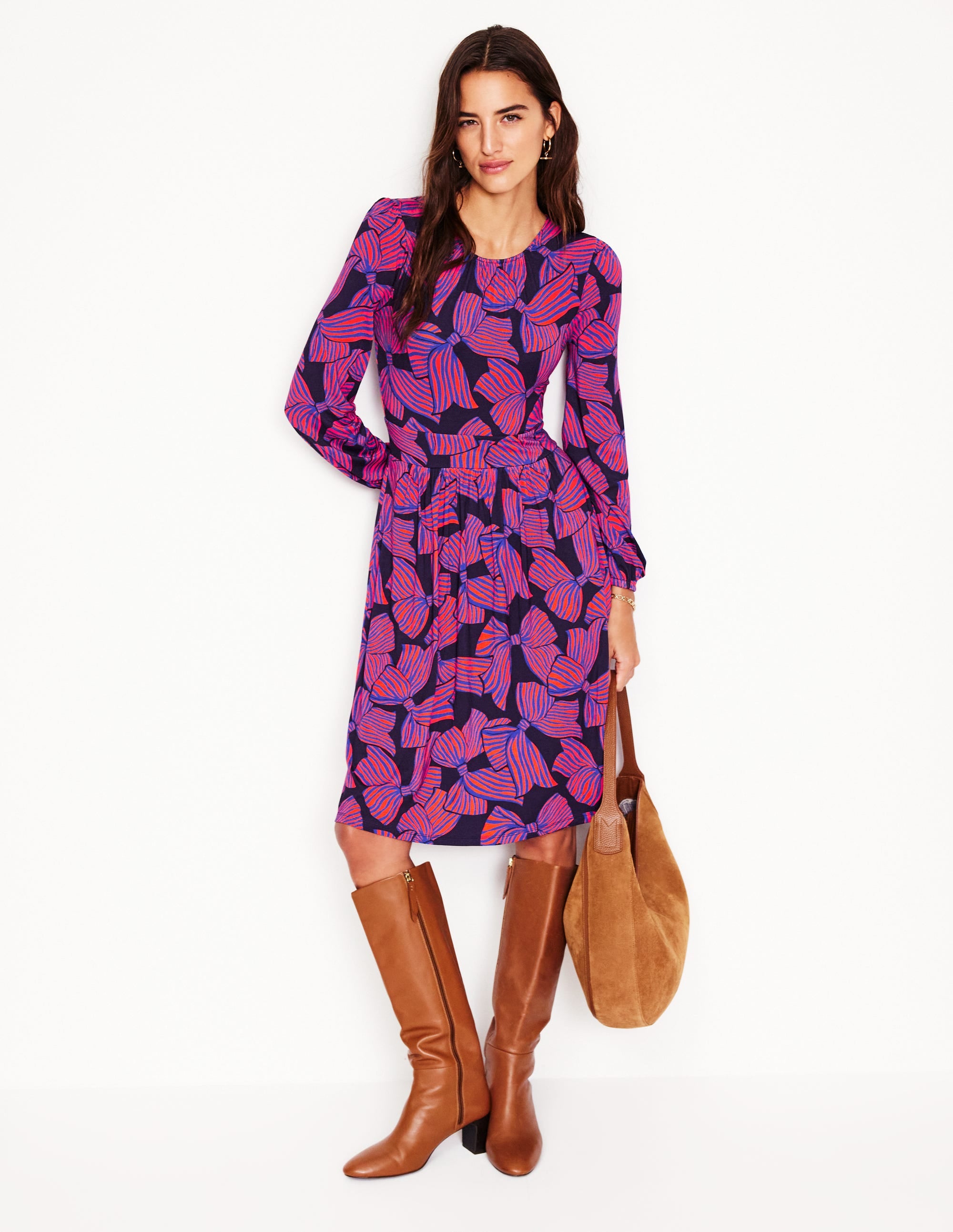Alexandra Blouson Jersey Dress-French Navy, Bow Scatter - Image 4
