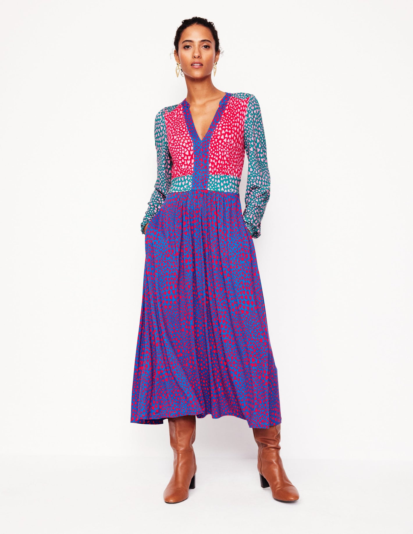 Lily Long Sleeve Midi Dress-Multi, Heart Cluster