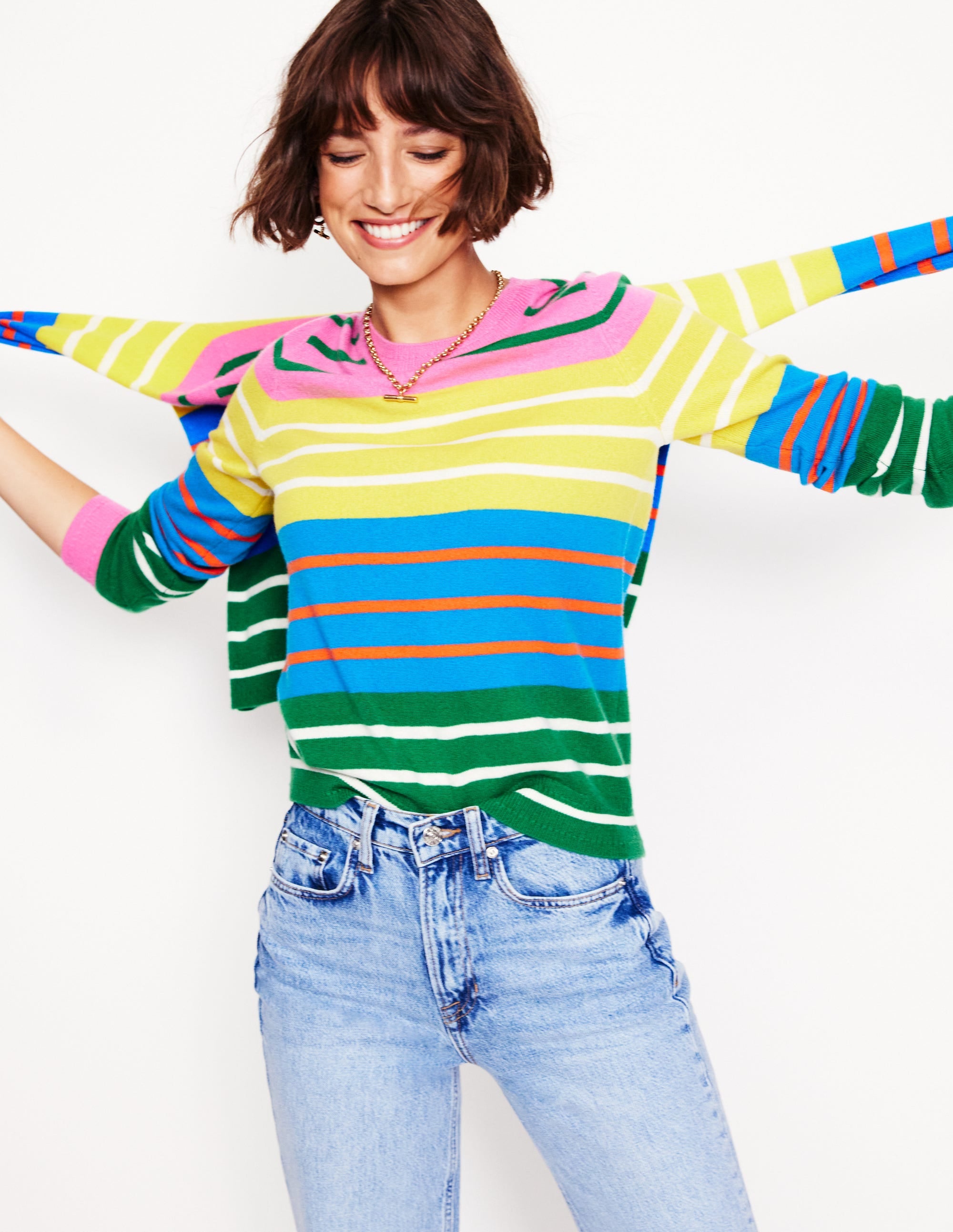 Eva Cashmere Crew Neck Jumper-Green, Pink, Bright Blue Multi - Image 1
